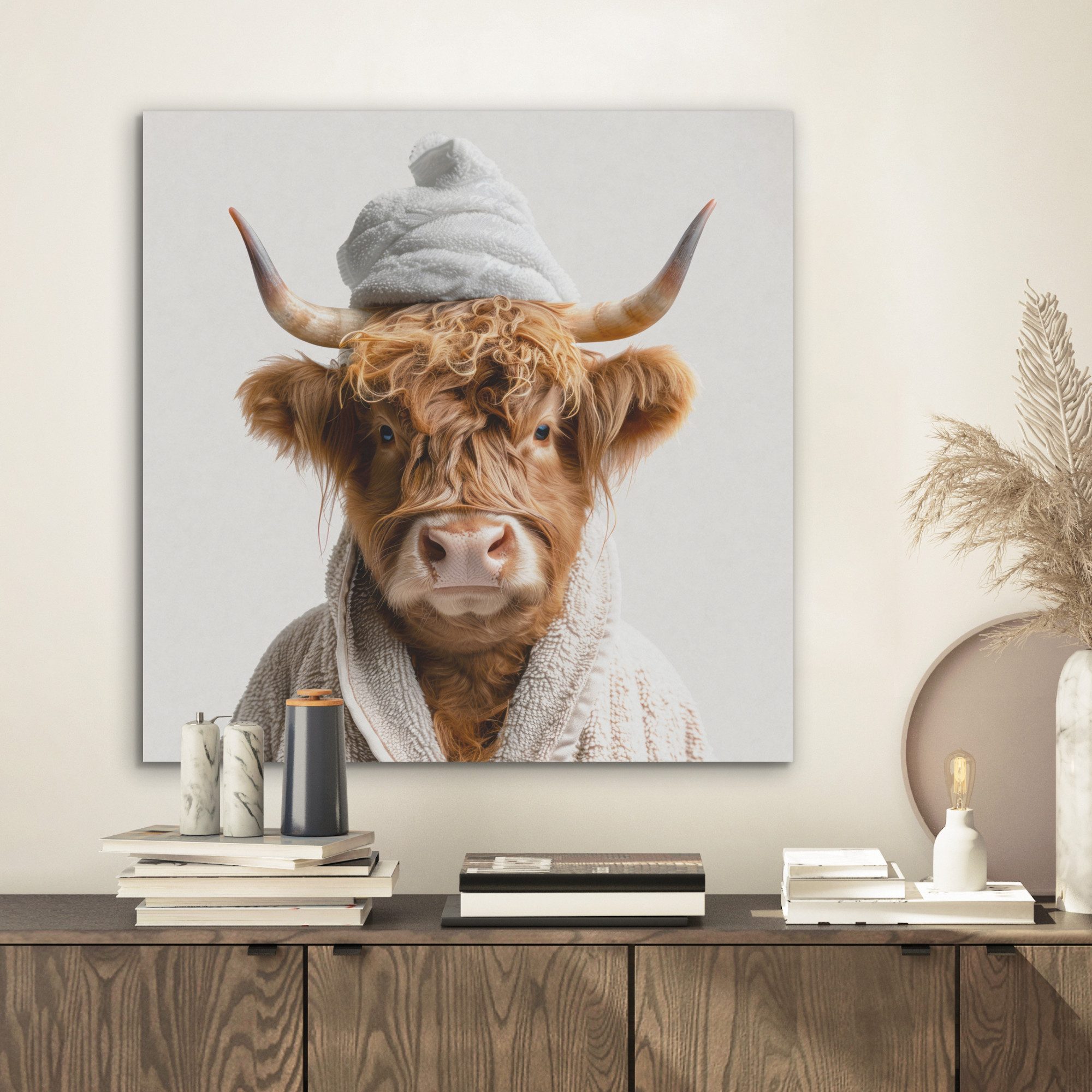 MuchoWow Gemälde Schottischer Highlander - Bademantel - Kuh - Tiere, Fotodruck (1 St), Akustikpaneele, Wandpaneele, Schalldämmung, Akustikbilder 60x60 cm
