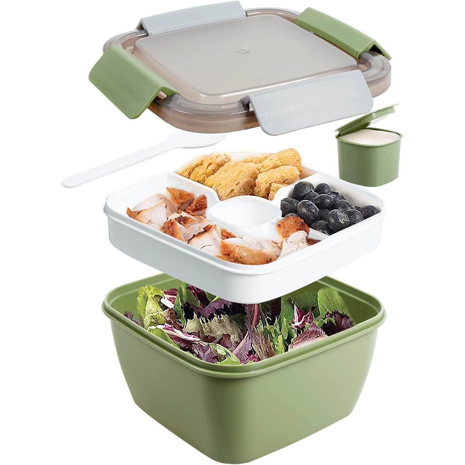 LuxusKollektion Lunchbox Lunchbox Auslaufsichere Bento 3 Fächer Salatbehälter 1500 ML Armeegrün, Kunststoff