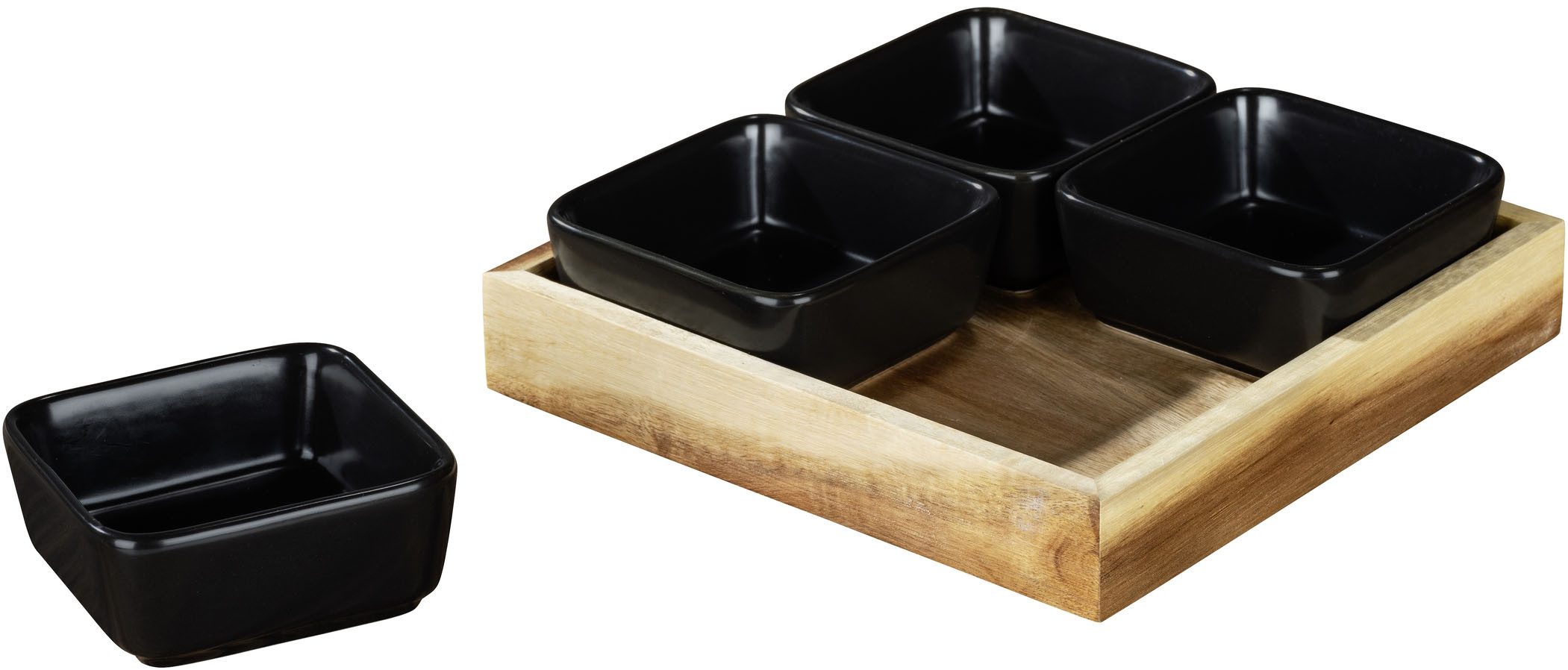 WENKO Dipschale Modell Elo, Massivholz, (Set, 5-tlg), Schale aus Keramik, Tablett aus Akazienholz