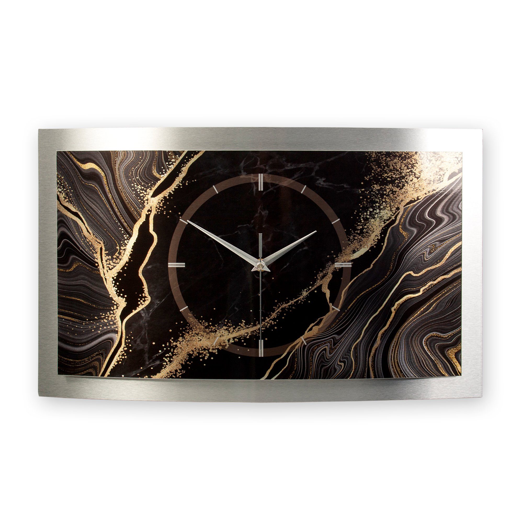 Kreative Feder Wanduhr 3D Designer-Wanduhr „Black & Gold Marble“ aus gebürstetem Aluminium (3D-Wölbung; einzigartiges Zwei-Platten-Design; flüsterleises Uhrwerk)