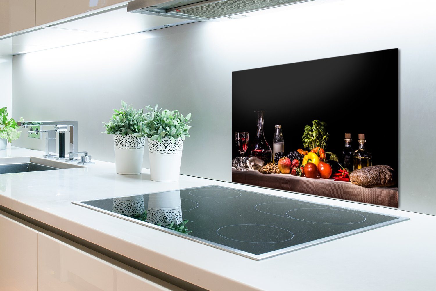 MuchoWow Küchenrückwand Stilleben Herdblende - Wandschutz, - Trinken Essen Schwarz, (1-tlg), küchen - Obst aus - 60x40 cm, Temperaturbeständig