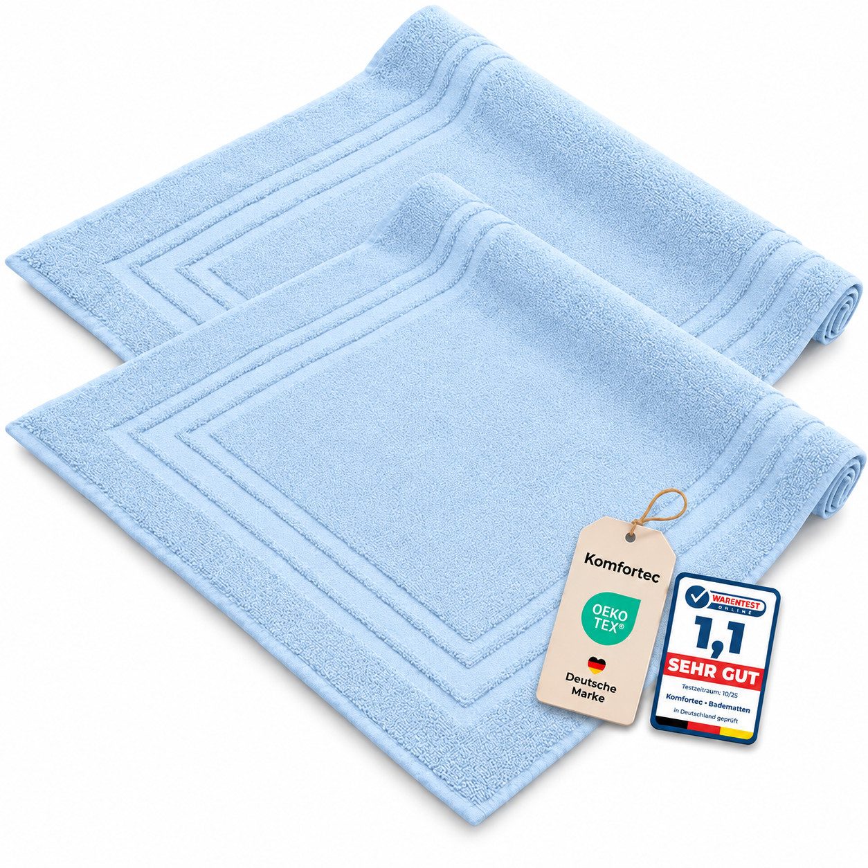 Komfortec Badematte 2er Badetuch Set aus 100% Baumwolle 50x70 cm Extra Weich & Saugstark, Rechteckig, 600 g/m²