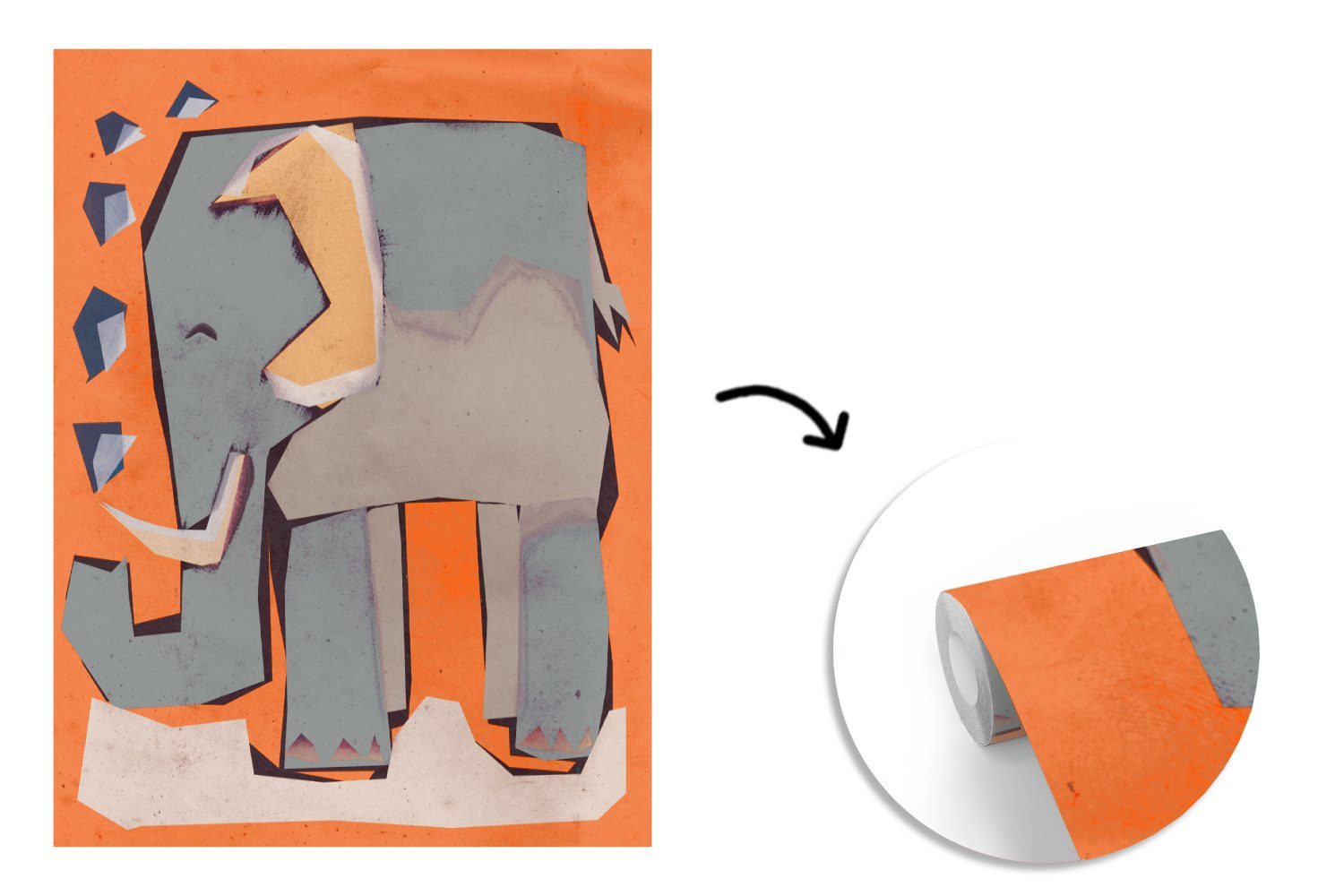 - Wandtapete bedruckt, Tapete MuchoWow Fototapete Elefant Matt, Kinder Orange - (4 St), für Pastell Montagefertig - Tiere, - Wohnzimmer, Vinyl