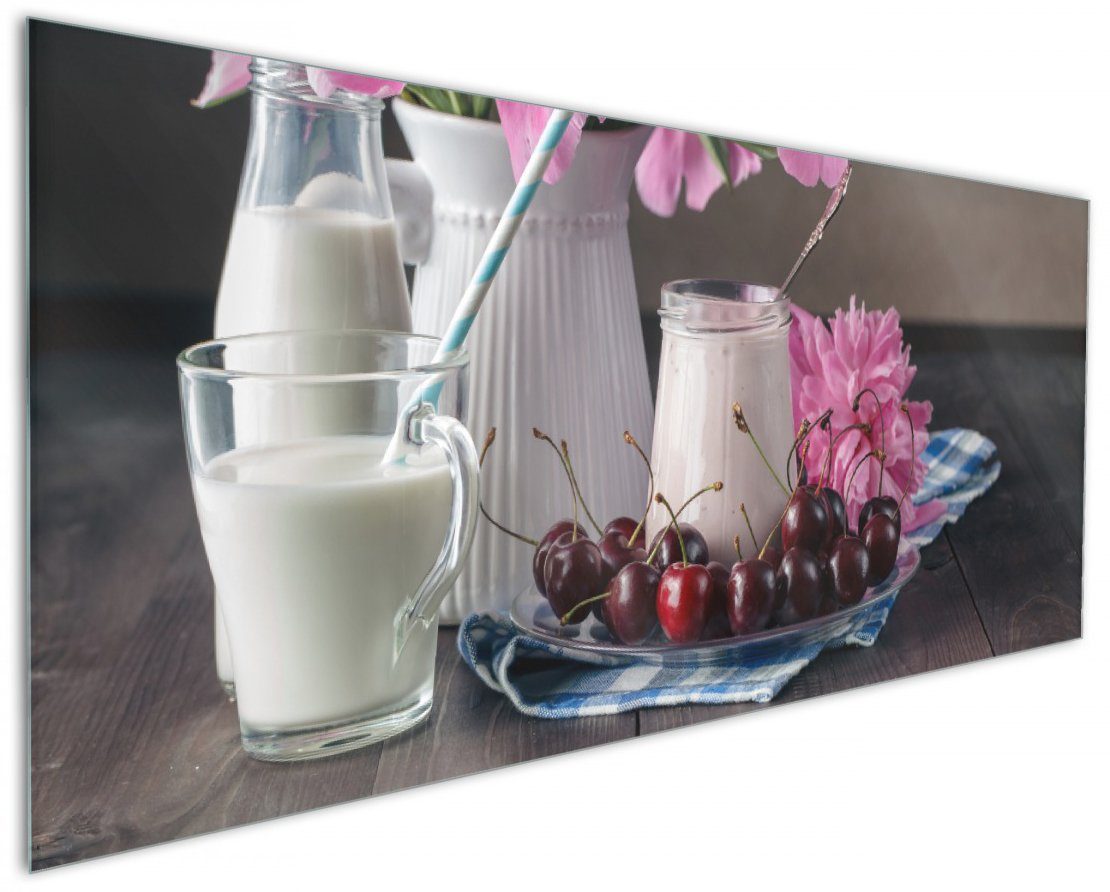 Verkaufsgeschäft Wallario Küchenrückwand Milch (1-tlg) rosa Blumenarrangement, mit mit Kirschen zum Frühstück
