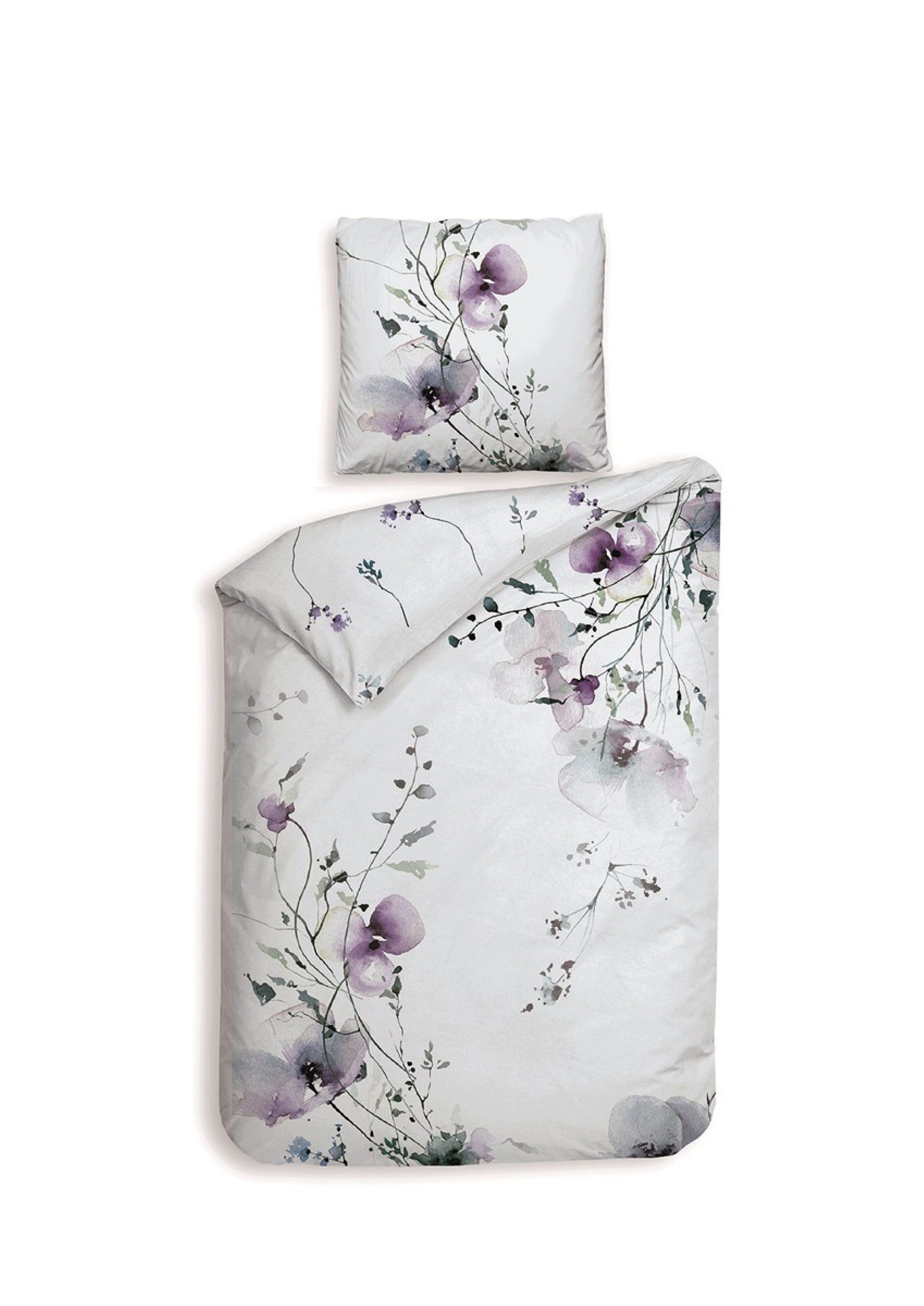 Heckett and Lane Bettwäsche Heckettlane Satin Bettwäsche 135x200 Avalia White Veilchen Blüten lila, Mako-Satin, 2 teilig, für den Sommer und Winter