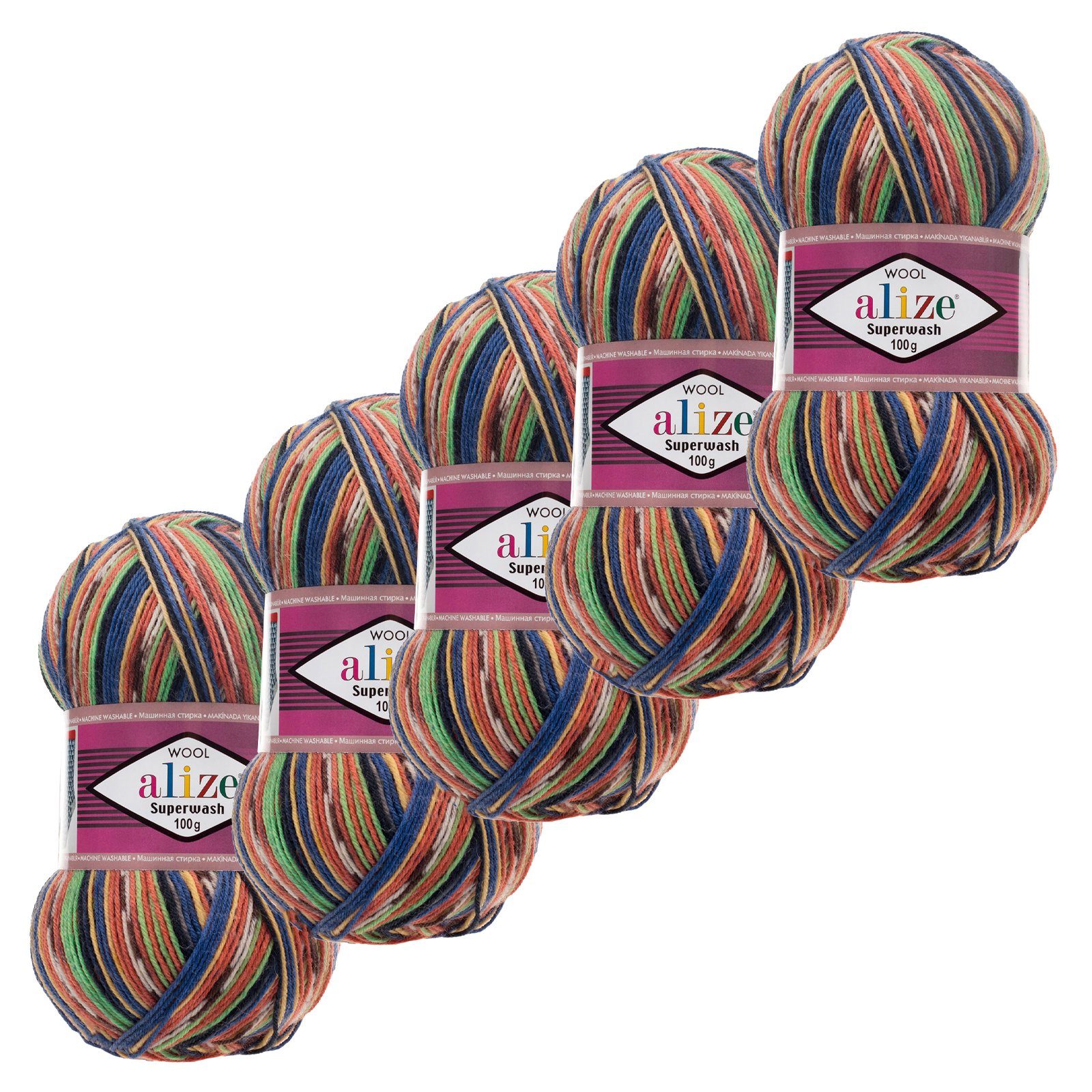 Alize 5x100g Sockenwolle Superwash Comfort 4-fädig Strumpfstrickgarn Häkelwolle, 2100 m (5-St), 2701 blau grün orange