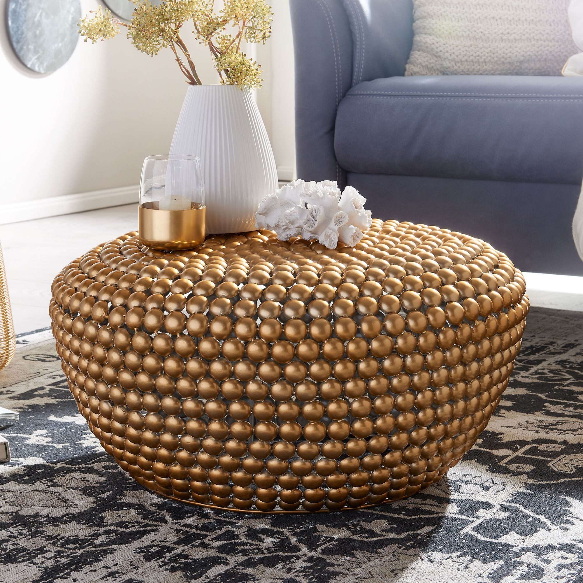 FINEBUY Couchtisch FB30291 Sofatisch Metall 60x60x35 cm Wohnzimmertisch Rund Tisch (Sofatisch Rund, Aluminium Gold 60x60x30 cm), Kaffeetisch Orientalisch, Wohnzimmertisch Alu