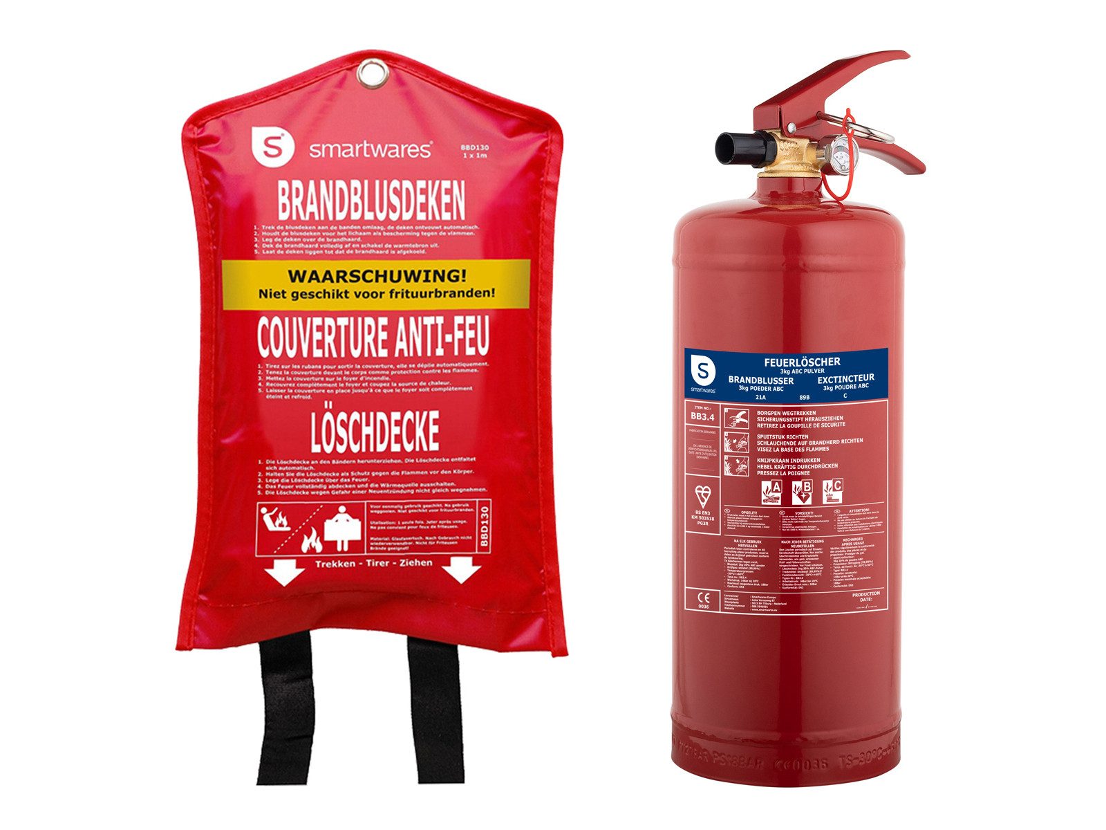 smartwares Pulver-Feuerlöscher, Pulver, als Set mit Löschdecke, für Zuhause Auto, DIN EN 3, Brandklassen A B C