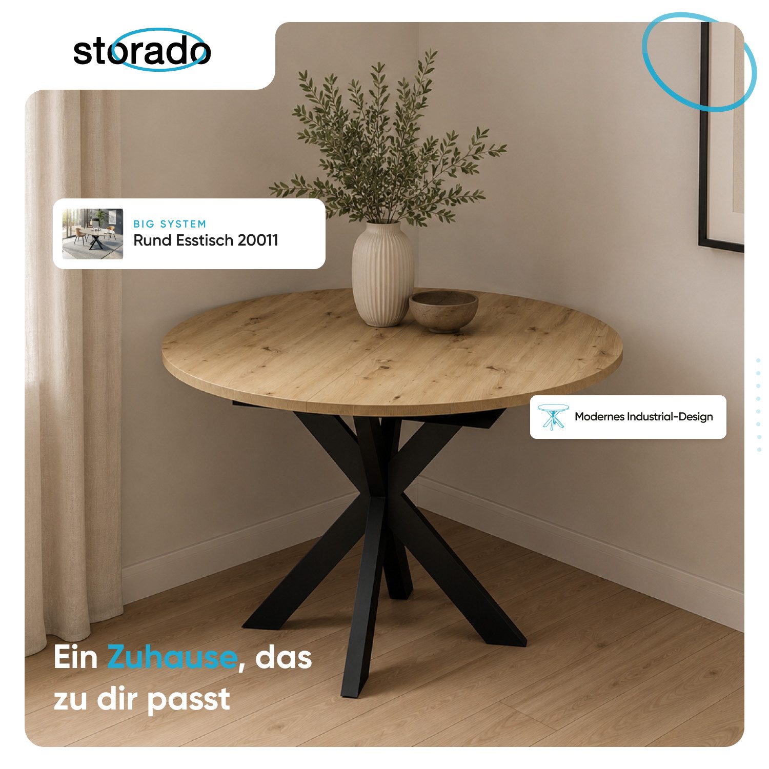 Storado Esstisch Big System Rund Ø110–170cm, Esszimmertisch, Farbe wählbar, Ausziehbar von 110 auf 150cm mit Synchronauszug und Gestell