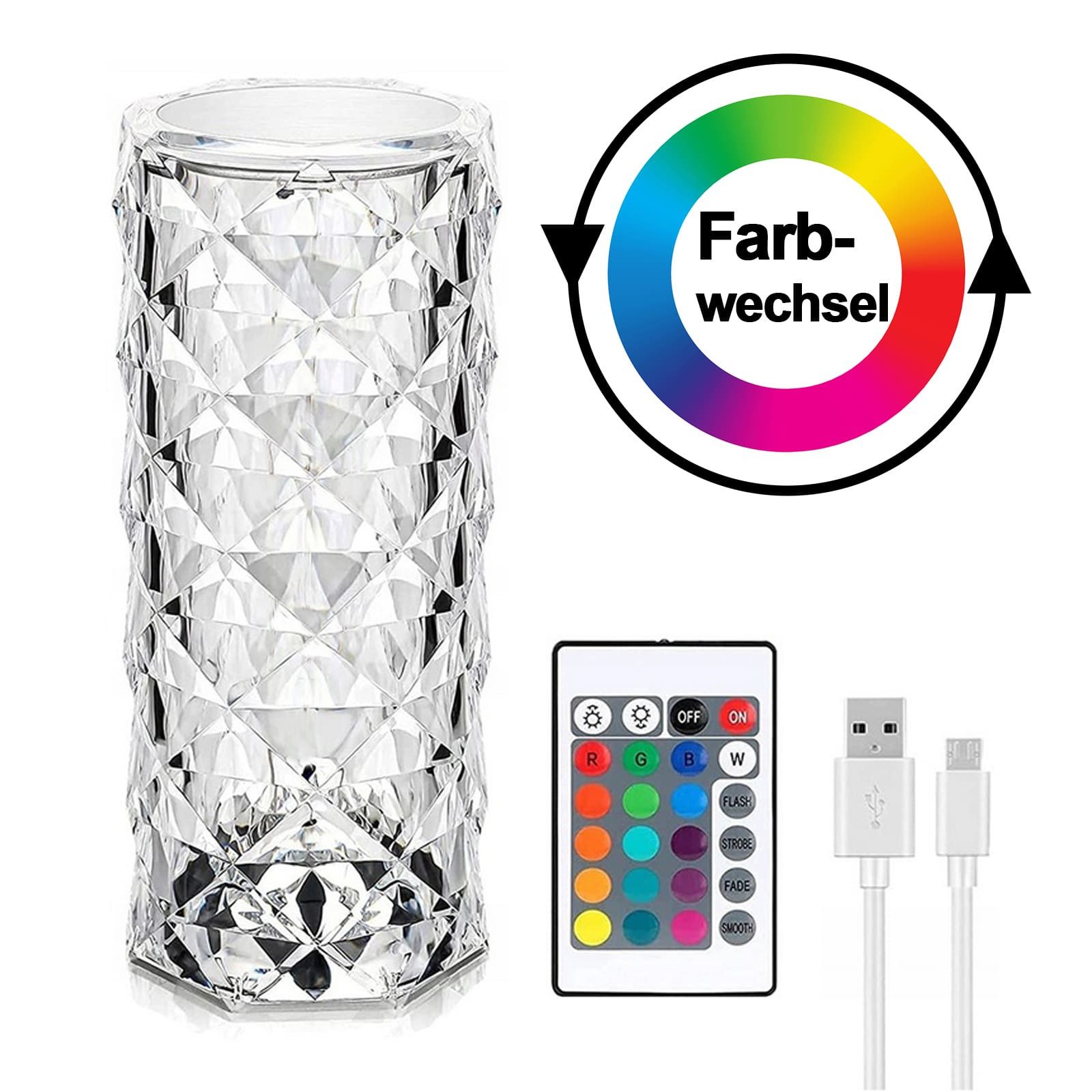 Miraval LED Dekolicht Kristall Tischlampe, mit RGB Farbwechsel inkl. Fernbedienung, LED fest integriert, Bunt, wiederaufladbar