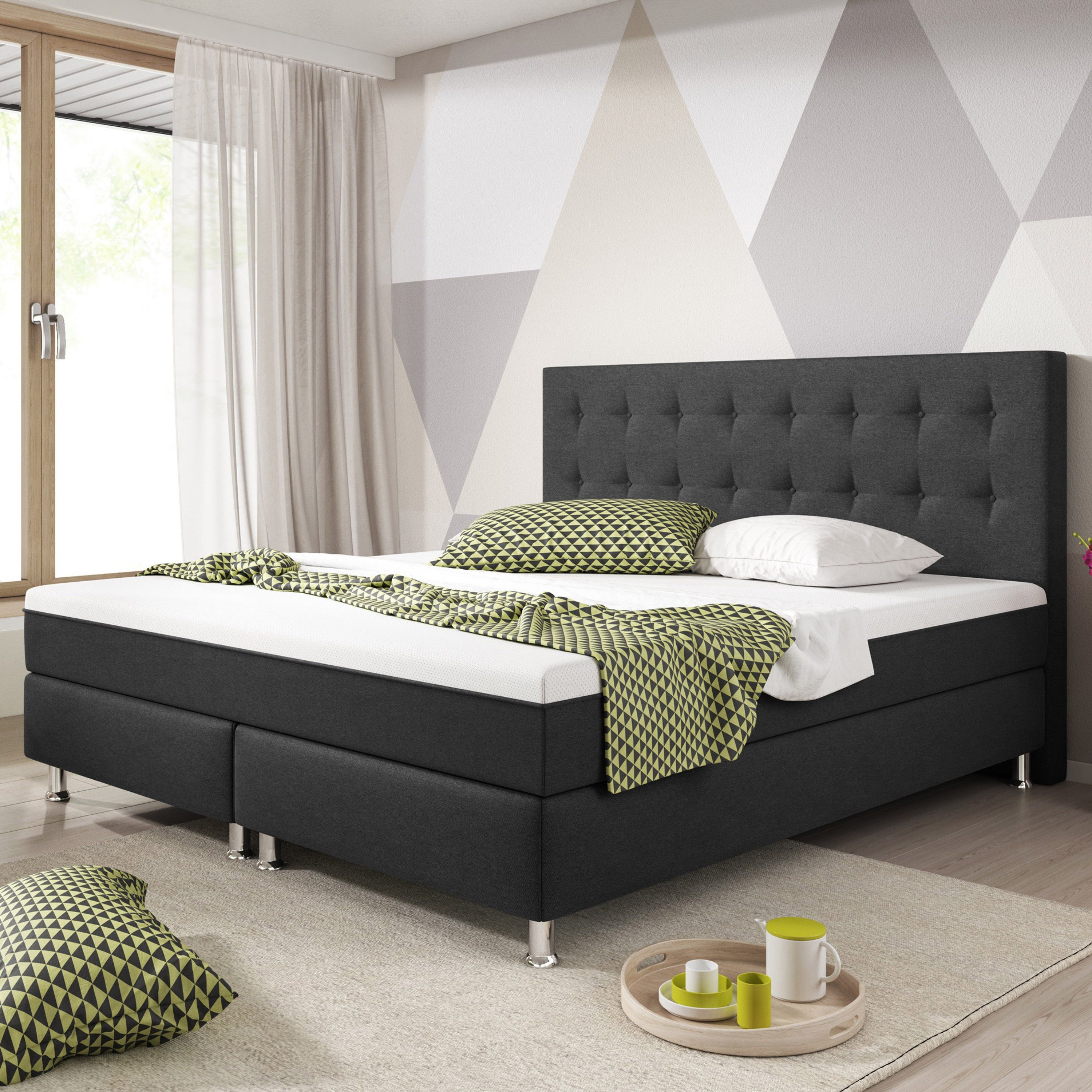 inter Boxspringbett Köln Plus Webstoff mit 7 Zonen Taschenfederkern und Topper-Optik (180x200 cm, Anthrazit mit 7 Zonen Taschenfederkernmatratzen und Topper-Optik), Taschenfederkern-Komfort, gepolstertes Kopfteil, inklusive Matratzen