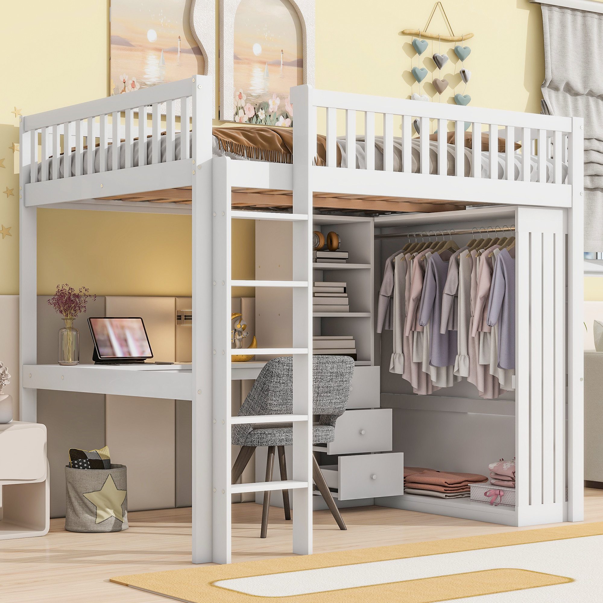 Flieks Hochbett Holzbett 140x200cm mit Schreibtisch günstig online kaufen