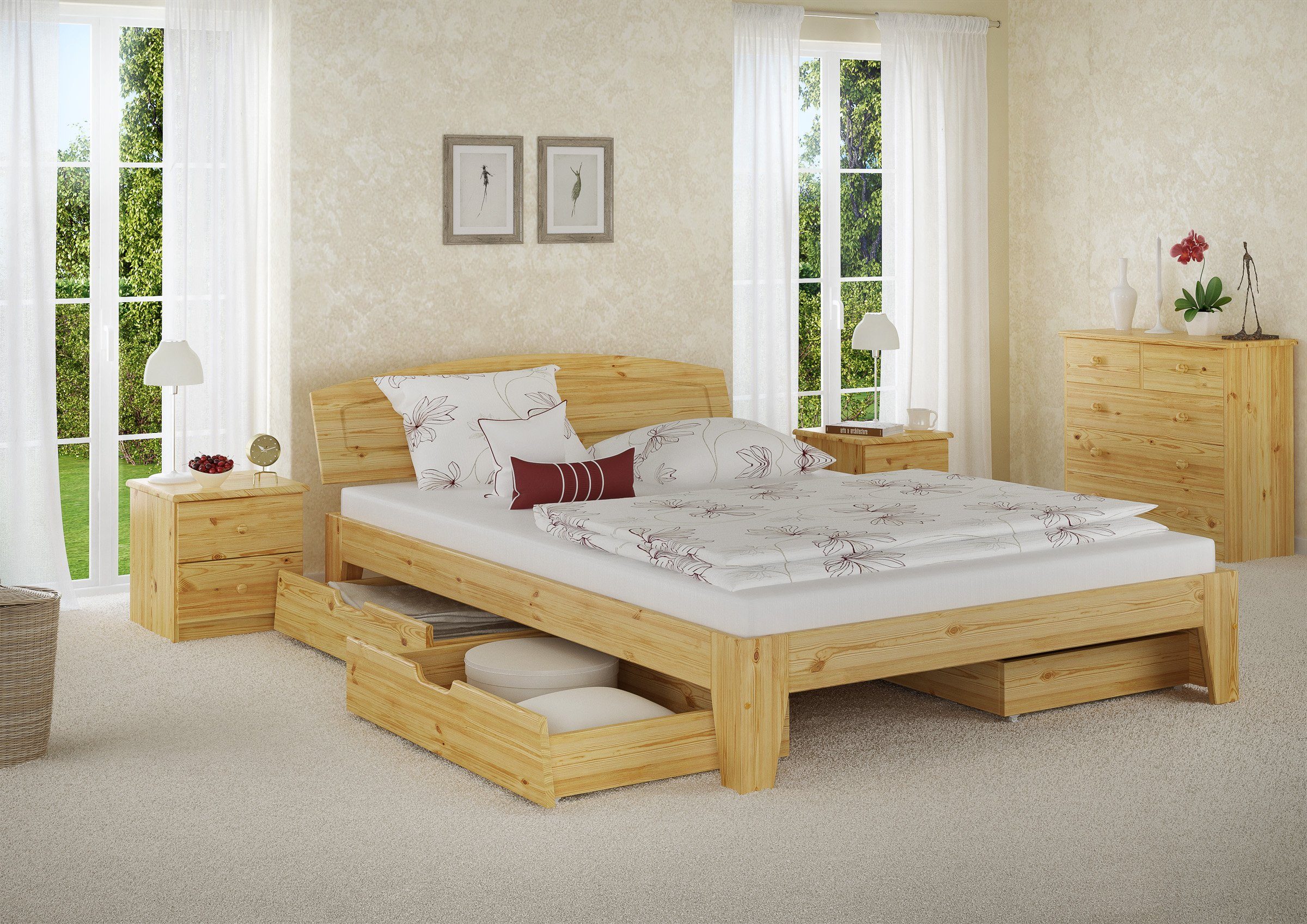 140x200 Bett u. Matratze, Rollrost ERST-HOLZ Doppelbett natur mit lackiert Kiefer Kieferfarblos