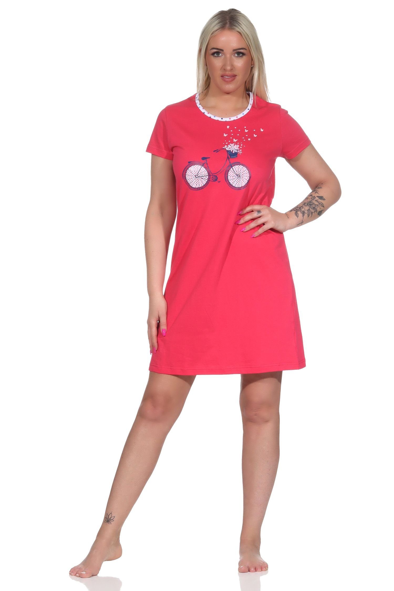 Normann Nachthemd Kurzes Damen Nachthemd Bigshirt mit Fahrrad-Motiv - 112 10 736 rot