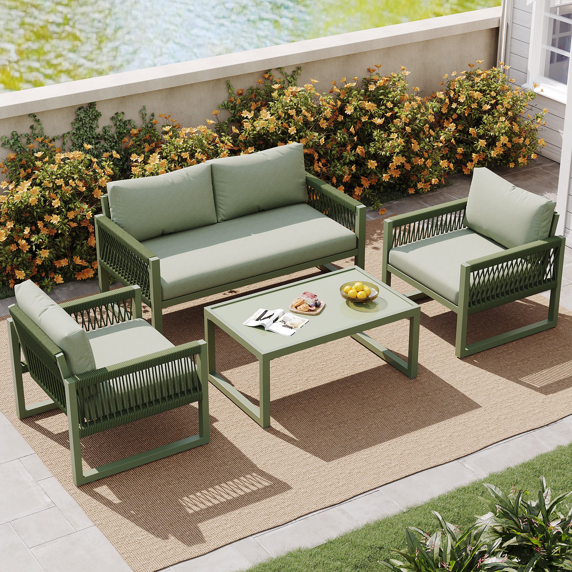 Celya Gartenlounge-Set Gartenmöbel-Set aus Seil, mit esstisch und Einzelstühle, 4 personen, (verstellbaren Füßen, glatter Glasplatte, grünes Loungesessel-Set aus Seil mit Sitzkissen), mit verzinktemEisenrahmen, verstellbaren Füßen, glatter Glasplatte