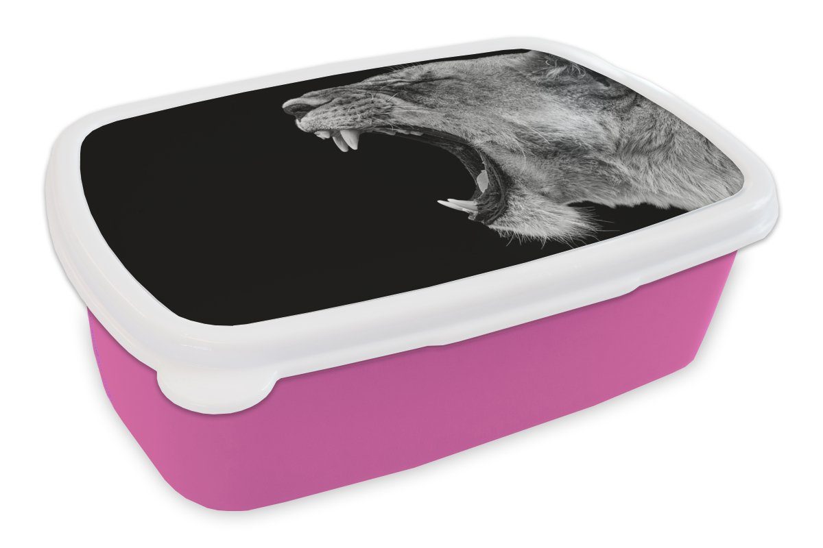 MuchoWow Lunchbox Tiere - Löwe - Schwarz - Weiß - Porträt, Kunststoff, (2-tlg), Brotbox für Erwachsene, Brotdose Kinder, Snackbox, Mädchen, Kunststoff rosa