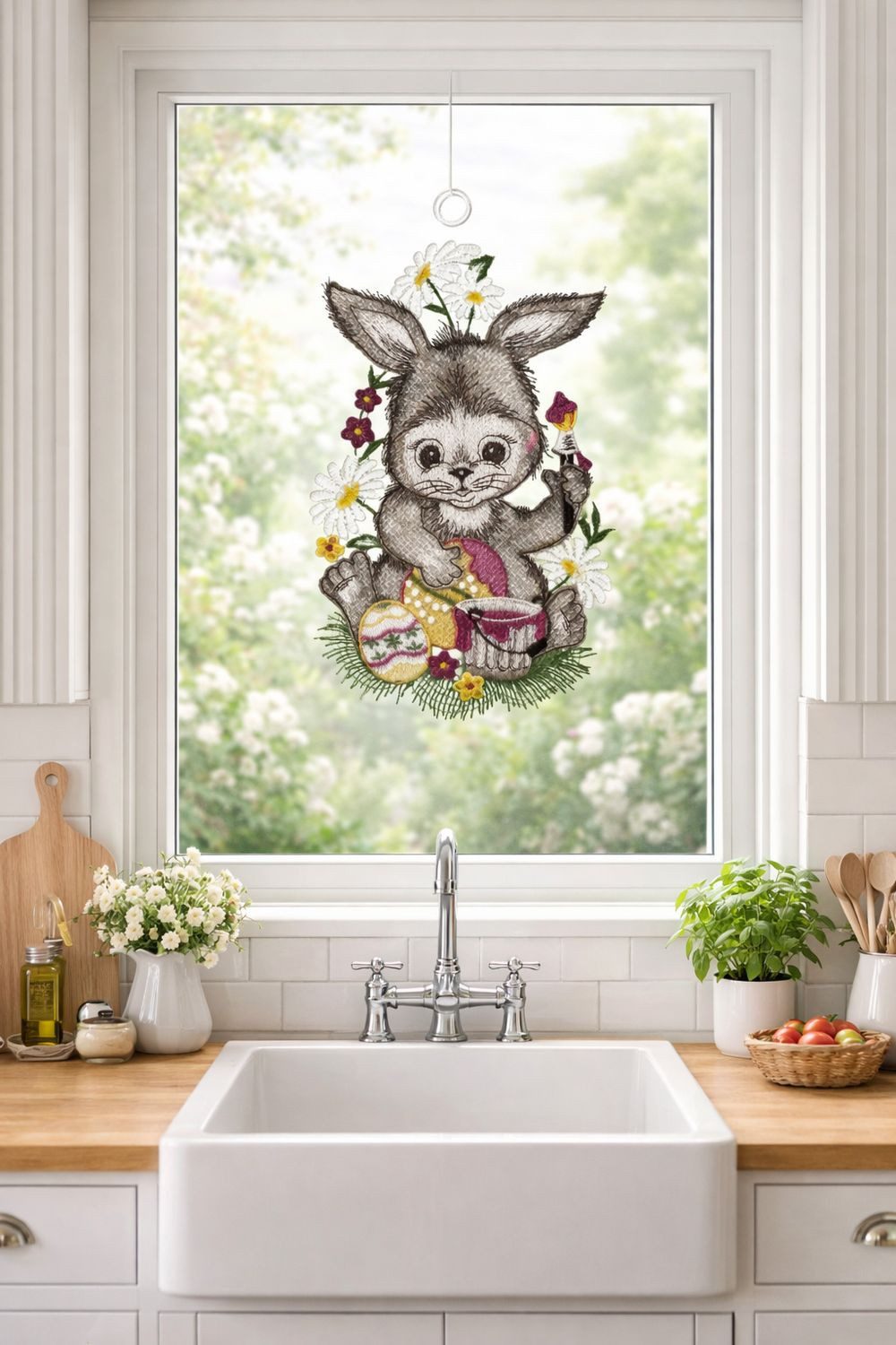 texpot Fensterbild Plauener Stickerei Osterhase mit Eimer Saughaken, Saughaken