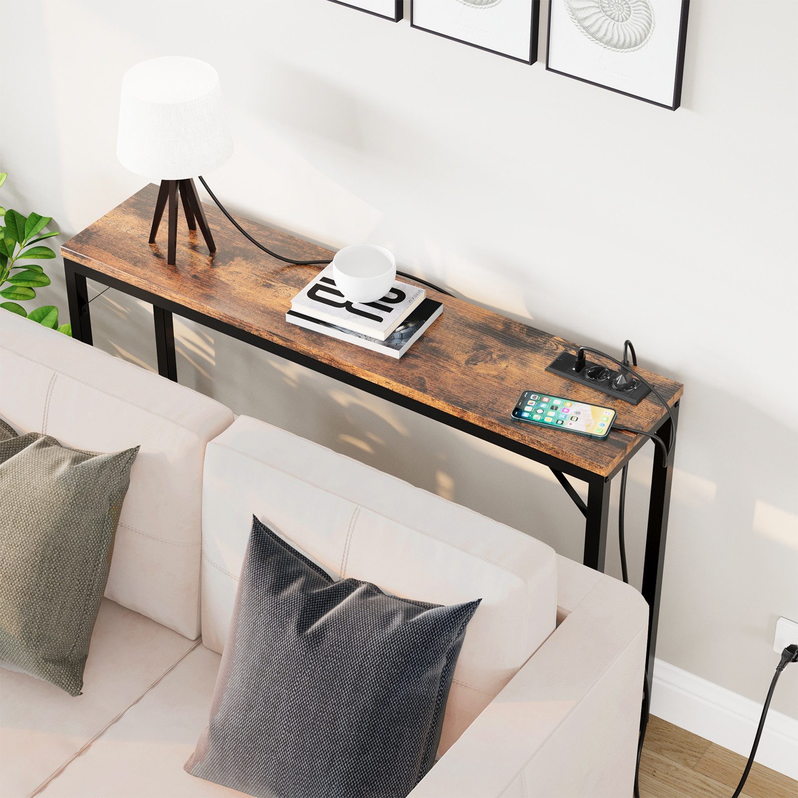 GarveeMore Konsolentisch mit Steckdose und USB-Anschluss,100x23x80cm, Ladestation Beistelltisch für Eingang Flur Wohnzimmer,Metallgestell – Bild 5 von 5