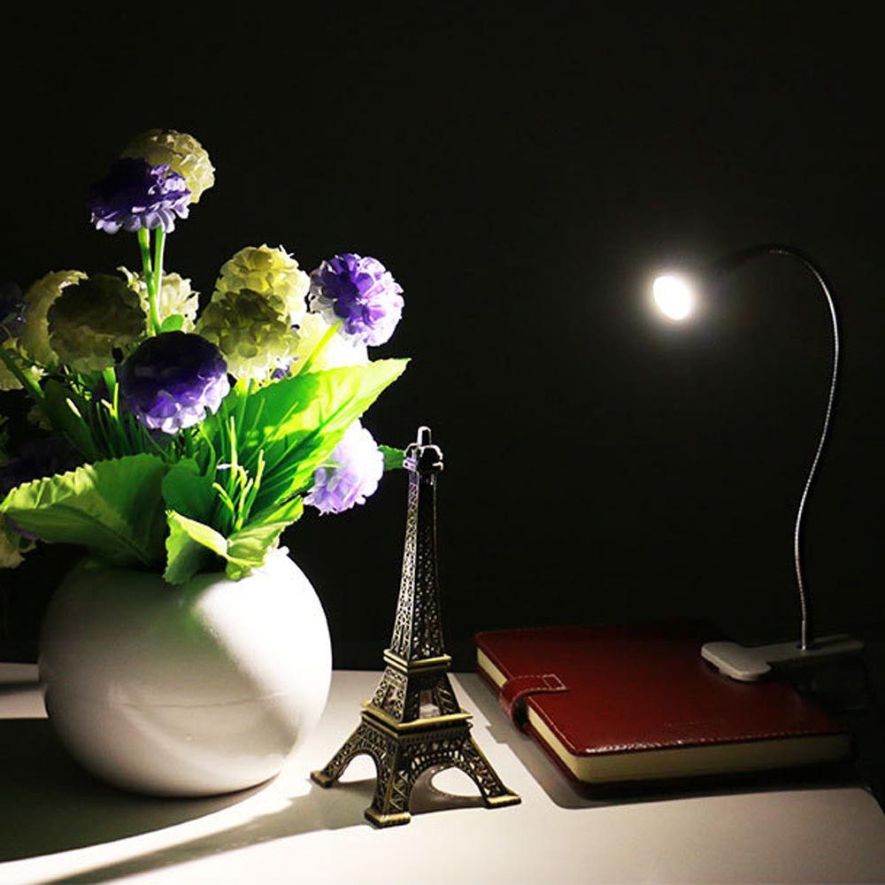 Rosnek LED Klemmtischleuchte LED-Leselicht, Clip-on Schreibtischlampe, USB, Augenschutz, Warmweißes Licht, Warmes Weiß, Weiße, 360° flexibel Schwanenhals