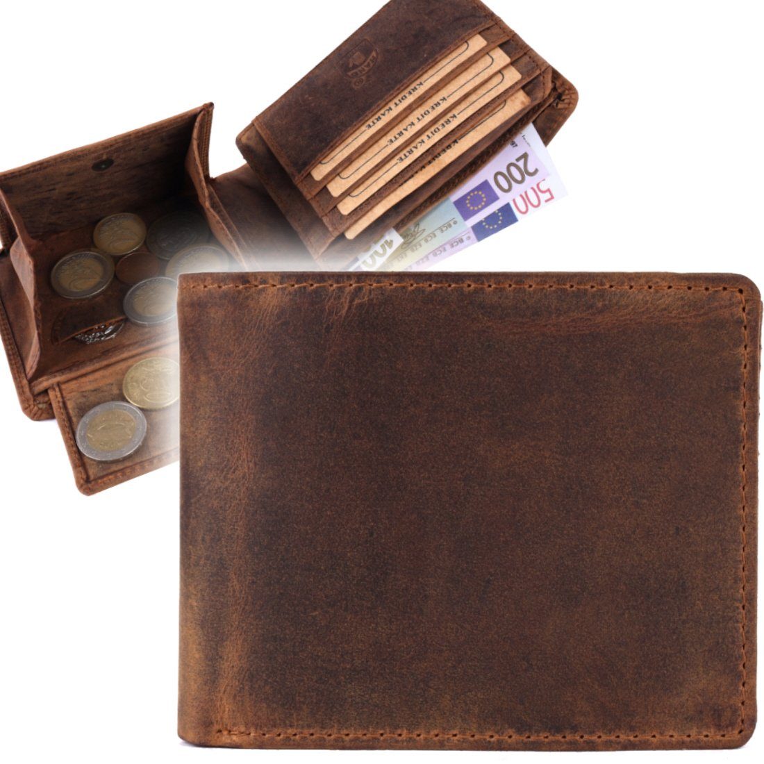 SHG mit Schutz Münzfach Leder Lederbörse Portemonnaie, Börse Männerbörse Herren Brieftasche Geldbörse RFID Büffelleder