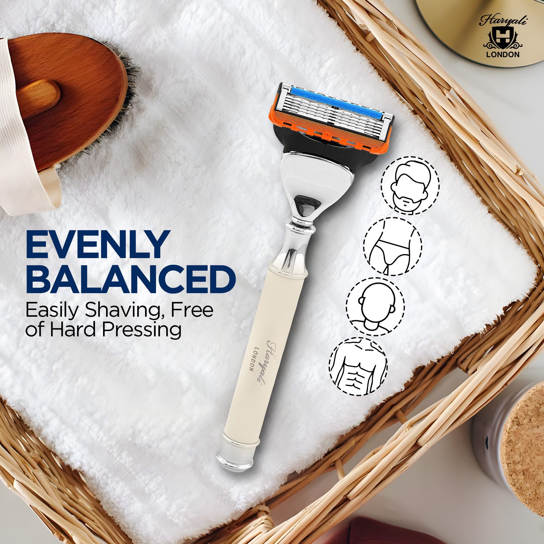Haryali London Nassrasierer 5-Klingen-Rasierer für Unisex, Körper- und Gesichtsrasierer, Elfenbein, Pack, Rasiermesser mit Klinge und messing-silberner Oberfläche, Abwaschbarer, rutschfester Griff. Passt auf alle Fusion5-Rasierer.