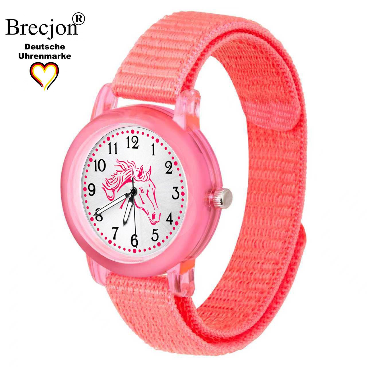 Brecjon Quarzuhr Kinder Armbanduhr Mädchen Pferd rosa GRS Klettarmband Leuchtzeiger, ideales Geschenk zur Einschulung für Pferdefans im Set oder einzeln