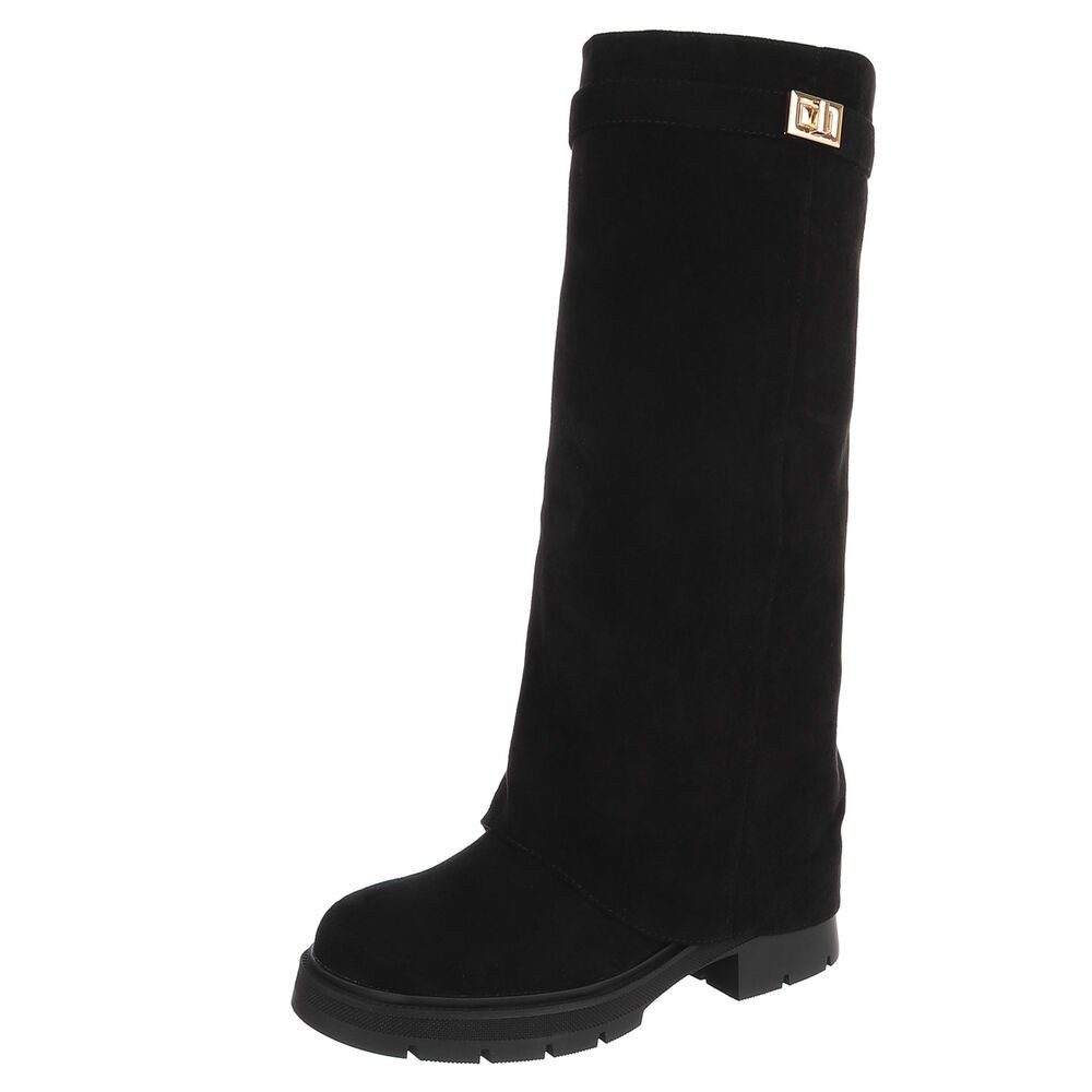 Ital-Design Damen Kniehoher Stiefel mit Profilsohle Plateaustiefel (91977438) Blockabsatz Stiefel in Schwarz