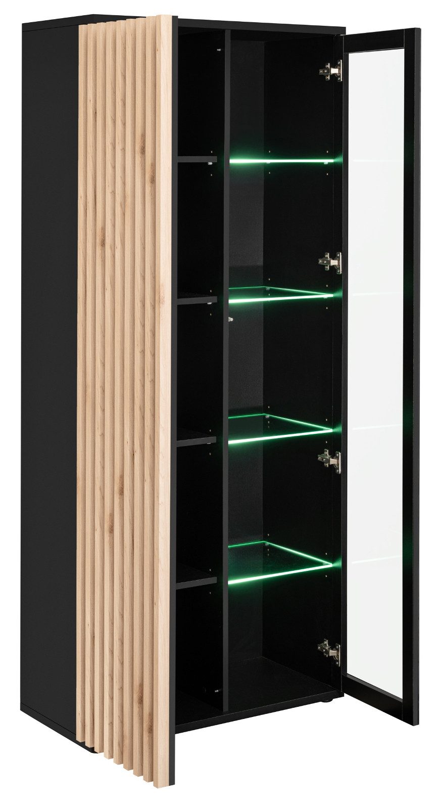 Furn.Design Stauraumvitrine Morgan (Vitrinenschrank Schwarz mit Eiche Lamellen, 80 x 192 cm, 10 Fächer) mit Push-to-Open, inklusive LED Beleuchtung – Bild 5 von 5