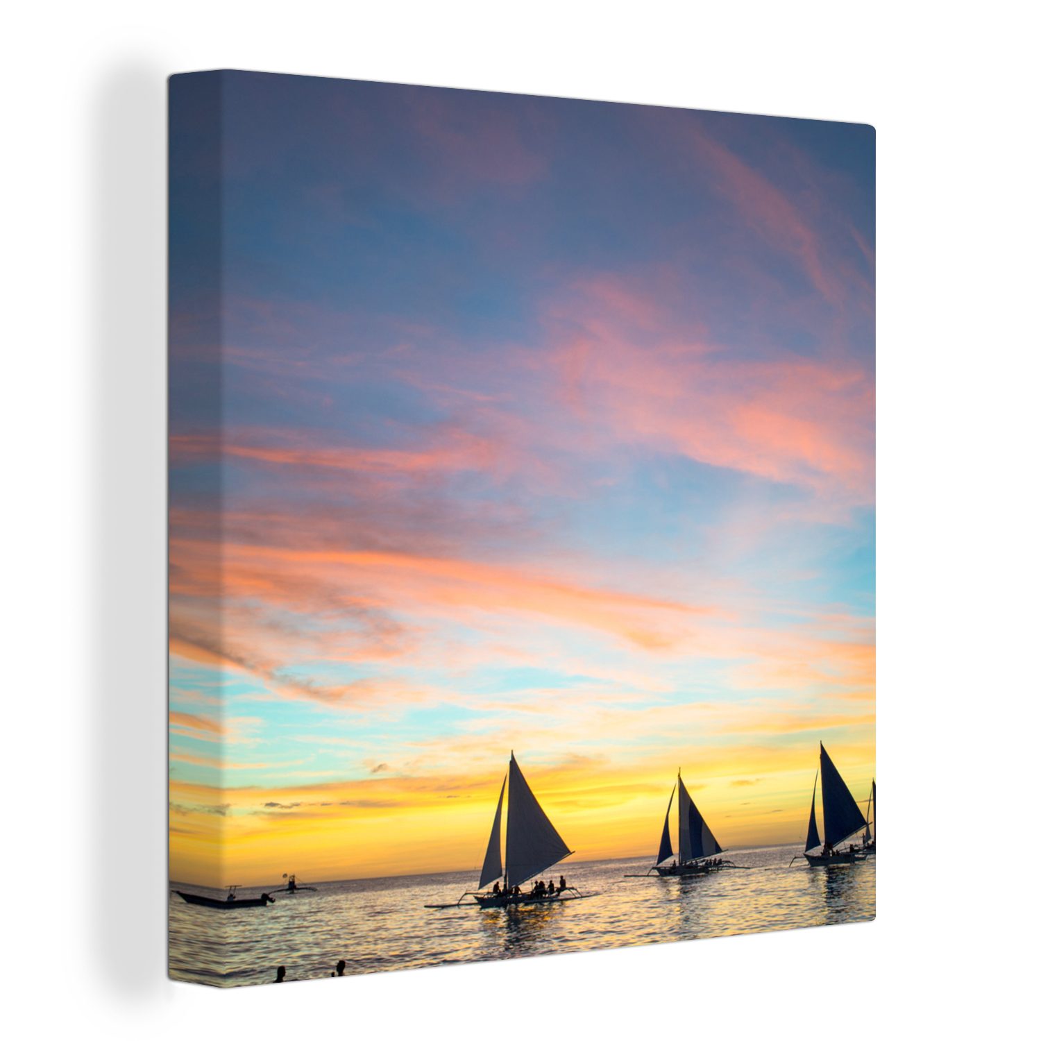 OneMillionCanvasses® Leinwandbild Silhouetten von Segelbooten am Strand von Boracay, (1 St), Leinwand Bilder für Wohnzimmer Schlafzimmer
