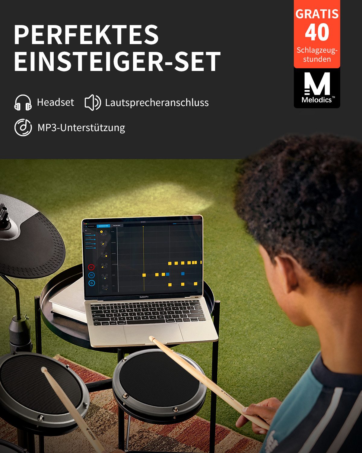 Donner E-Drum Elektronisches Schlagzeug mit 4 leisen Mesh-Pads DED-80,Ein komplettes E-Drum-Set, Kopfhörer/Sticks/Drumthron, 2 Pedale für leises Üben für Anfäng – Bild 4 von 5