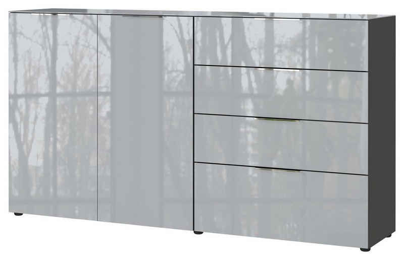 GERMANIA Sideboard OAKLAND, Graphitfarben, Silbergrau, 2 Türen, 4 Schubladen, Fronten aus Glas, B 184 x H 102 x T 42 cm