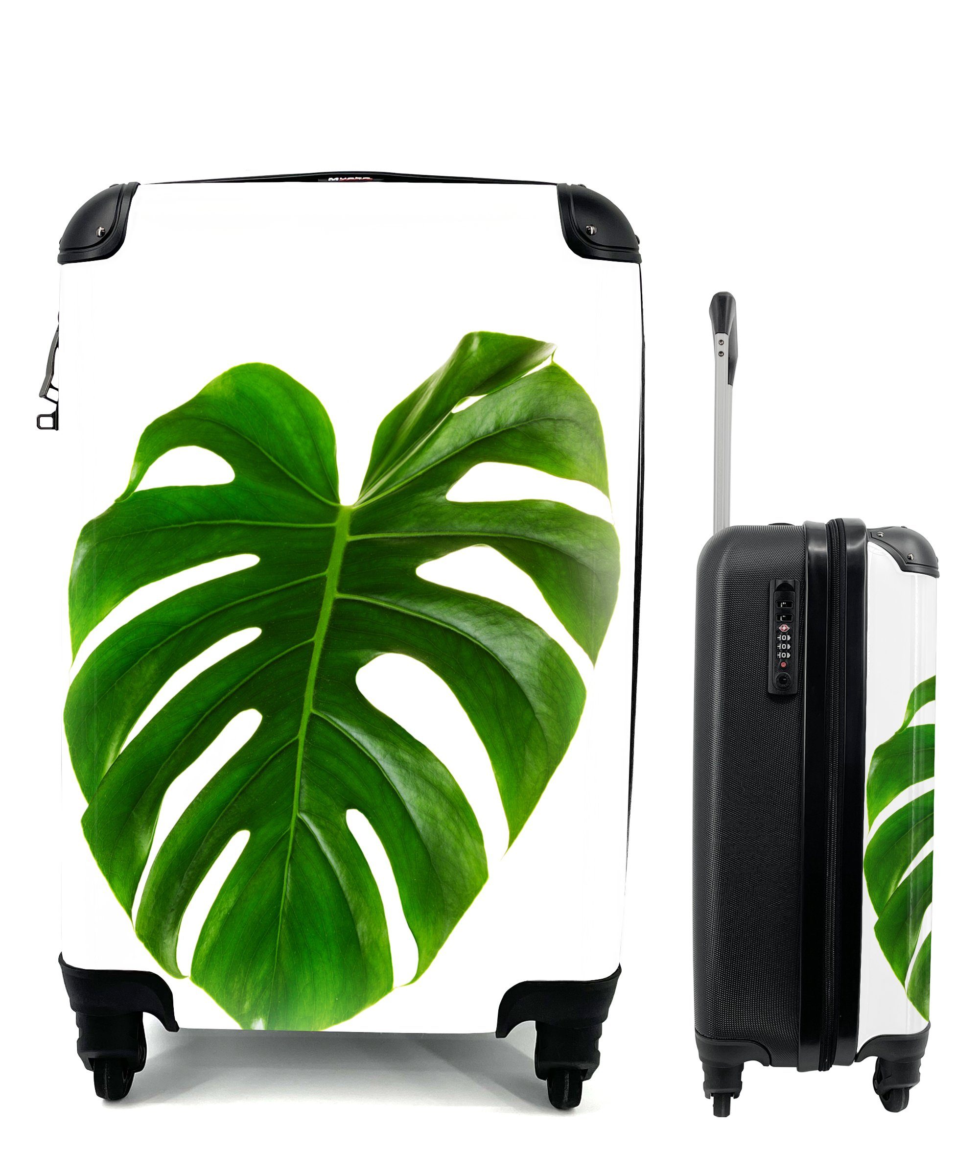 MuchoWow Handgepäckkoffer Großes botanisches Blatt auf weißem Hintergrund, 4 Rollen, Reisetasche mit rollen, Handgepäck für Ferien, Trolley, Reisekoffer
