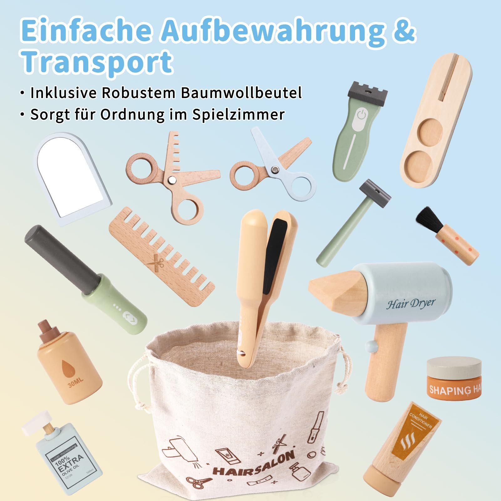 FOUORTUNATE-BEE Spielzeug-Frisierkoffer Holz-Friseur-Set für Kinder, Friseur Spielzeug, (als Geschenk für Mädchen und Jungen ab 3 Jahren)