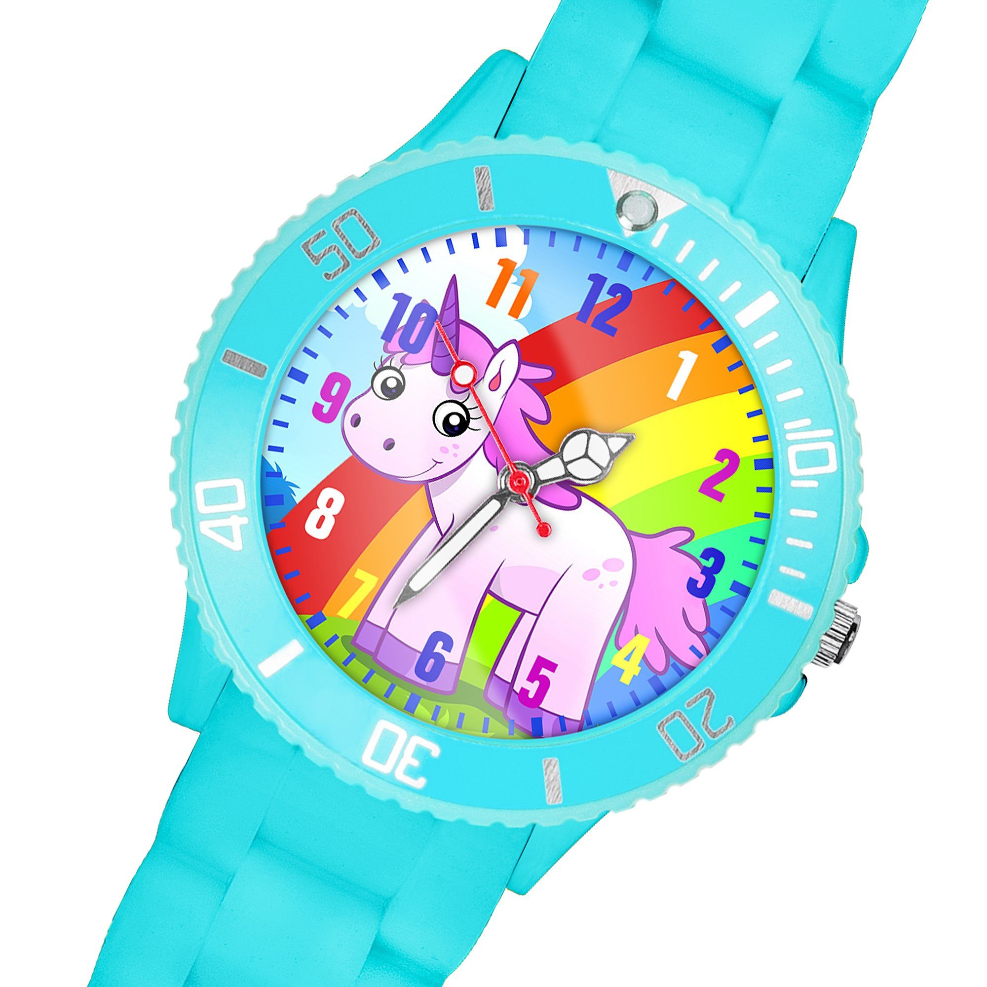 Taffstyle Quarzuhr Lernuhr Silikon Mädchen Armbanduhr Einhorn Türkis Bunte Kinder Regenbogen Kinderuhr Bunt, Uhr Analog Sportuhr Silikonuhr