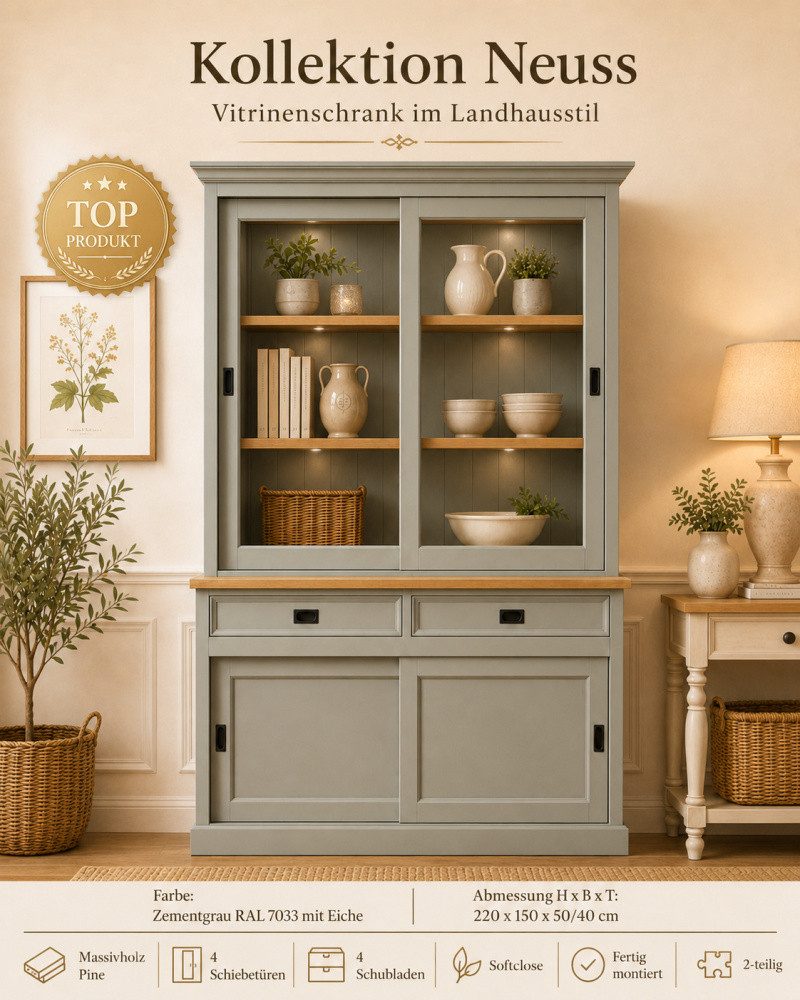 Wohnpalast Vitrine Vitrinen Schrank Neuss 150 cm Zementgrau/eiche - Buffet Schrank mit Sc