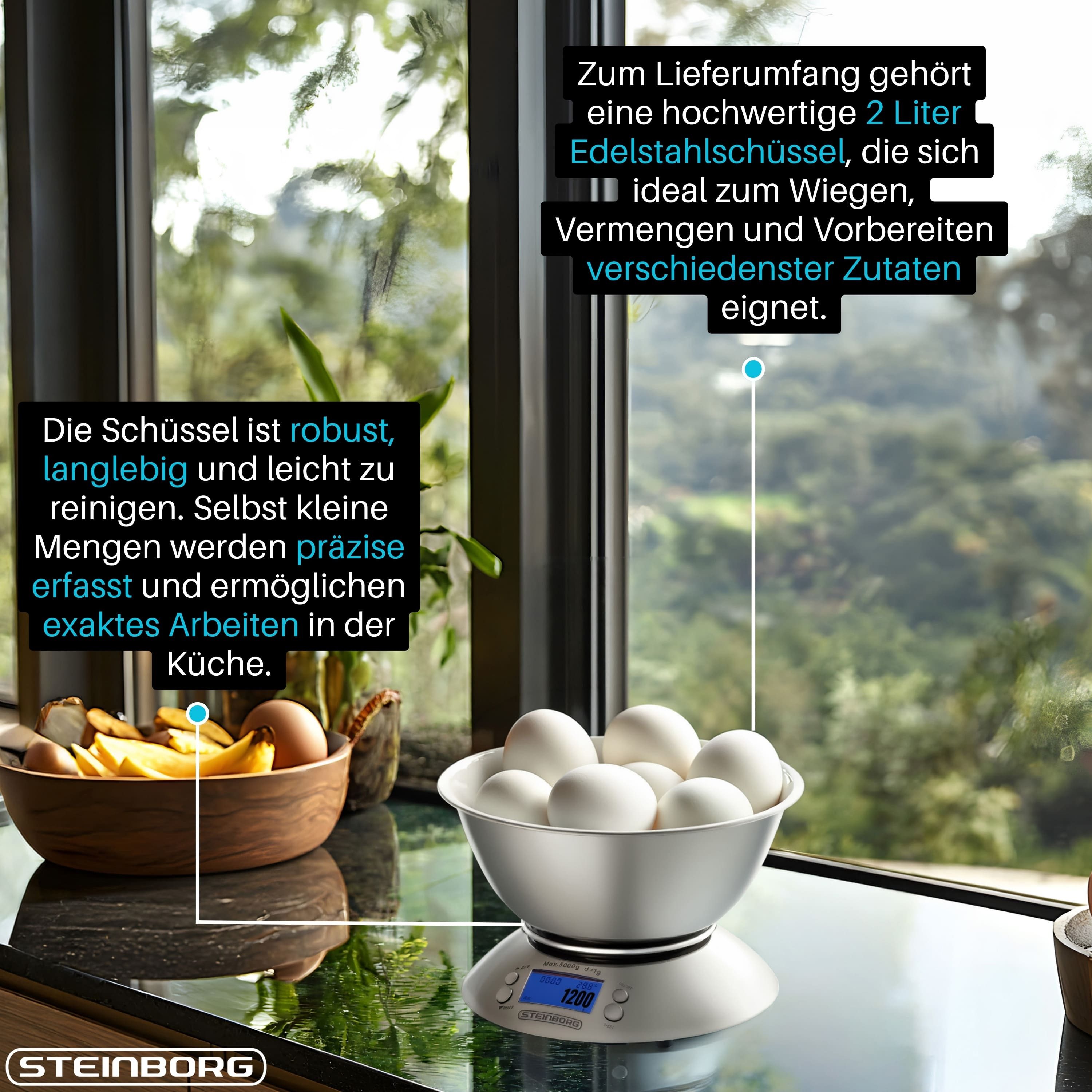 STEINBORG Küchenwaage SB-2660, Timer und Raumtemperaturfunktion