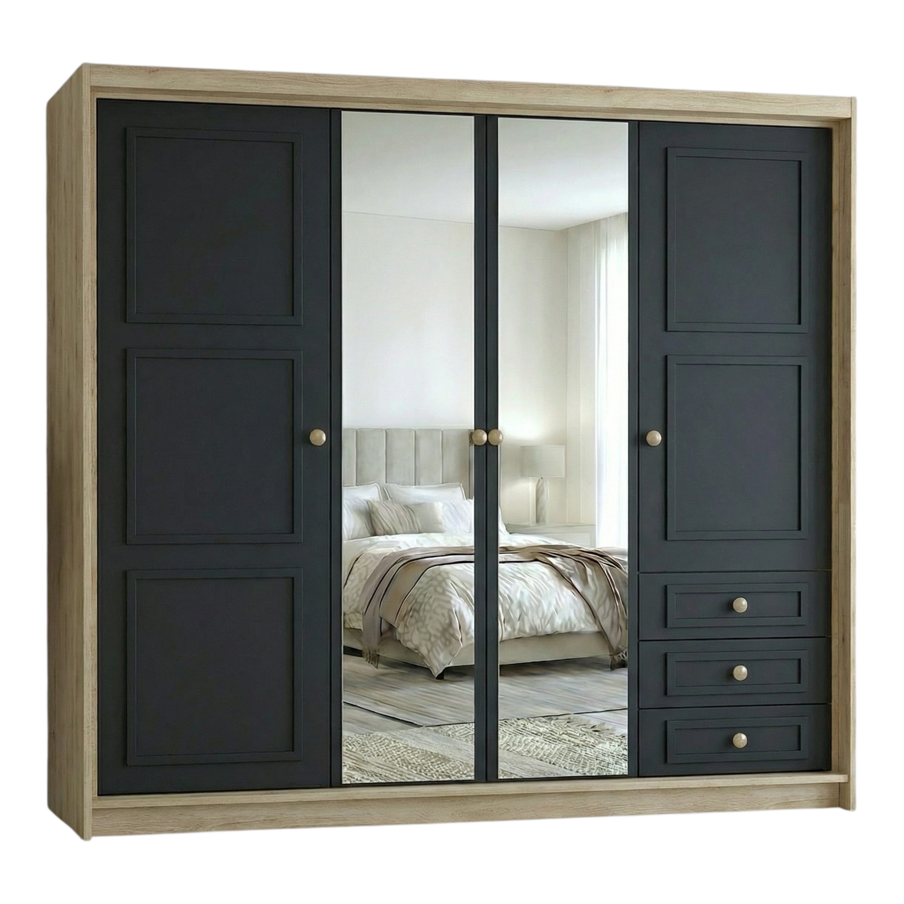 A&J MöbelLand GmbH Drehtürenschrank OSLO viertüriger Kleiderschrank mit Schubladen und Metallgriffen (Geräumiger viertüriger Kleiderschrank mit Schubladen und Metallgriffen. Geräumiger Schrank mit einer Breite von 200 cm und Schubladen, ideal zur Aufbewahrung von Kleidung und Accessoires. Viel Stauraum. TOP PRODUKT! Wählen Sie das ideale Modell für Ihr Schlafzimmer!, TOP ANGEBOT) Breite: 200 cm, Höhe: 215 cm, Tiefe: 59,5 cm