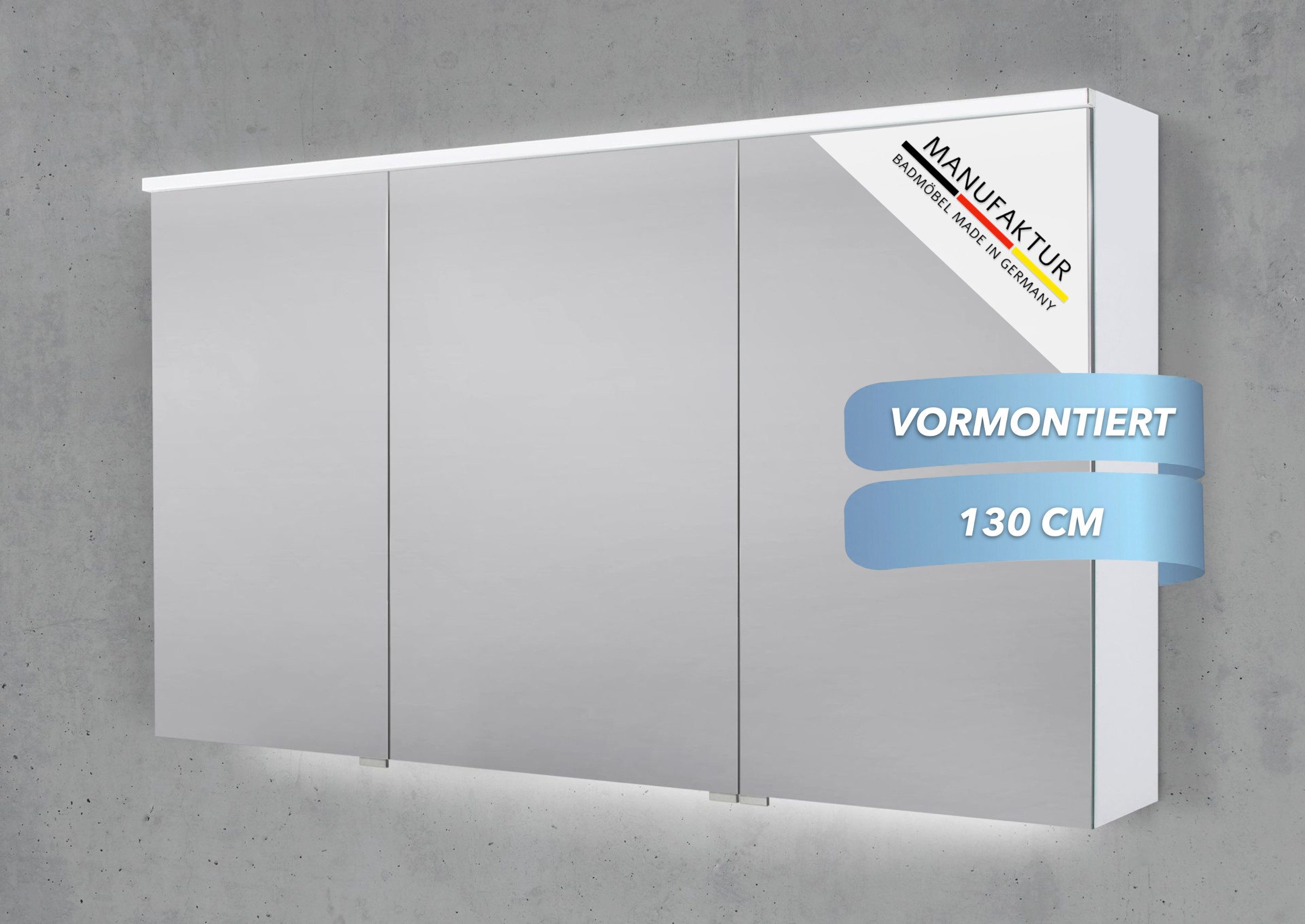 Intarbad Badezimmerspiegelschrank 3-türiger Spiegelschrank mit MULTI LED Beleuchtung, stufenlos dimmbar (Doppelspiegeltüren, Holz-/ Lackdekore, Maße von 90 bis 180 cm wählbar, Höhe 71,8 cm, Glasfachböden, Magnetleiste & Kosmetikspiegel Ø 12 cm) Vormontierte Lieferung, Floatglas, 160 kg Traglast, Made in Germany
