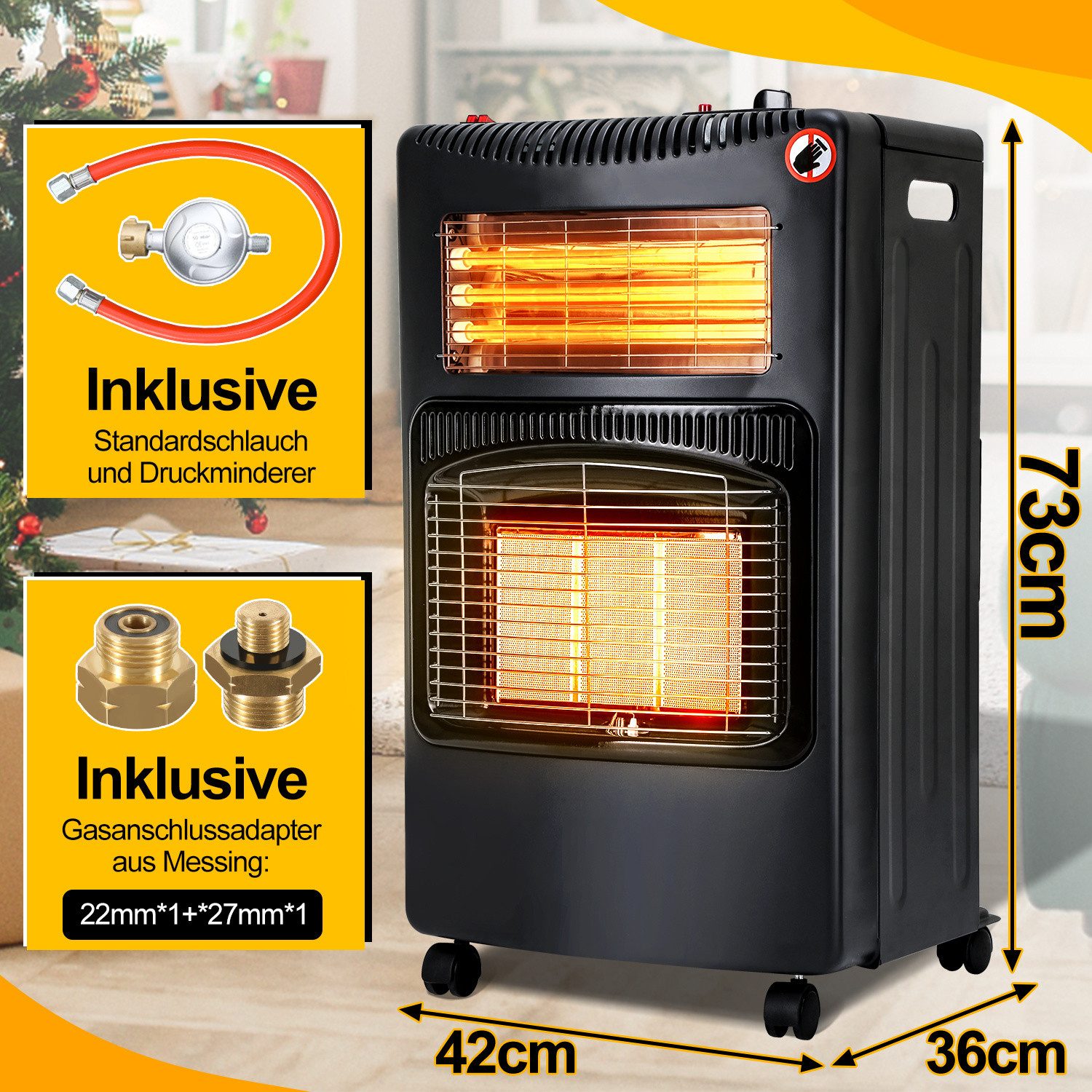 Clanmacy Heizgerät Keramik Gasheizgerät, Gas+Strom, inkl. Euro-Adapter, 42x36x72 cm, Piez, 4200 W – Bild 2 von 5