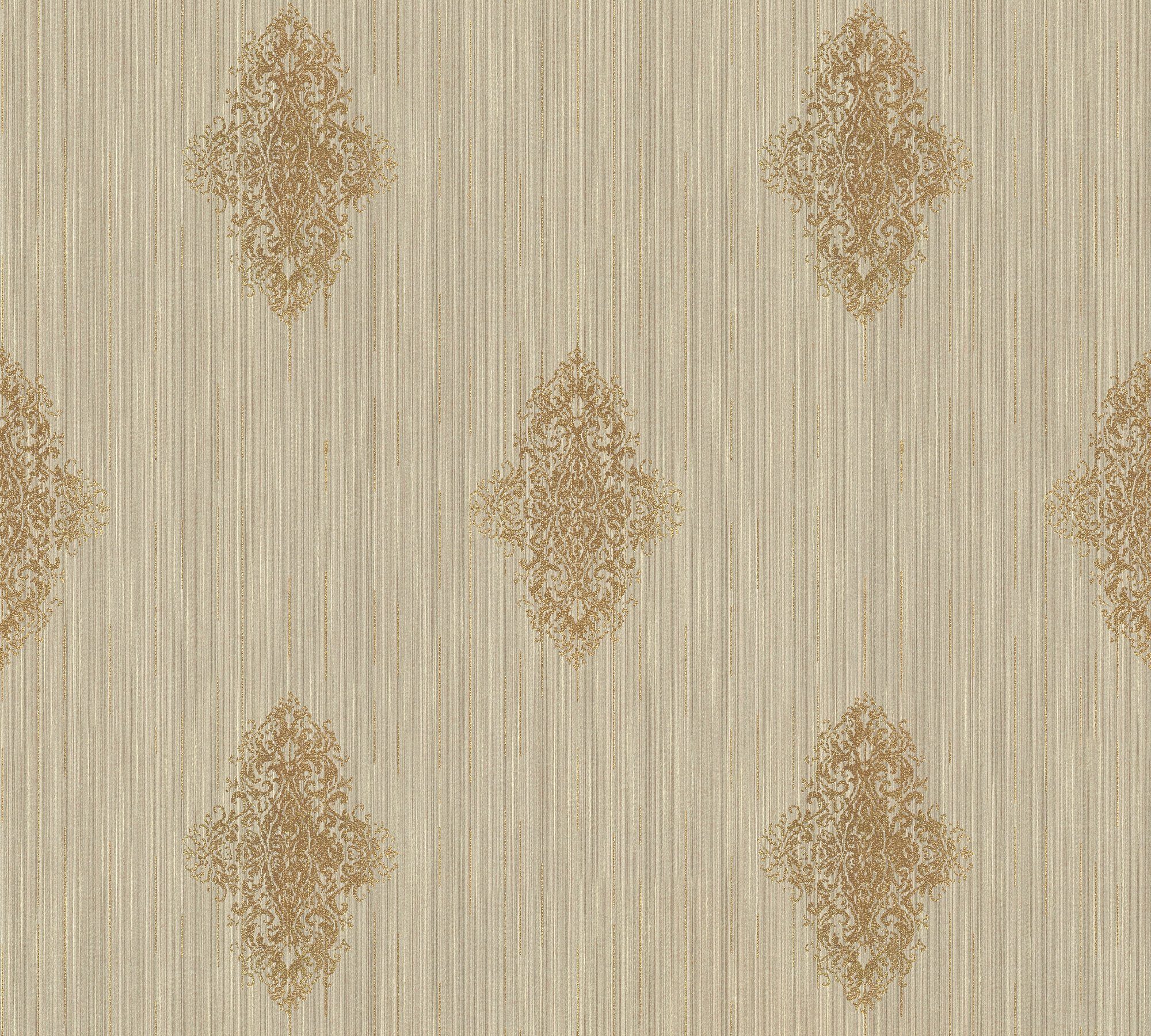 Paper wallpaper, Création A.S. Barock, Luxury beige/bronzefarben Effekt Textil samtig, Architects Tapete Barock Metallic Textiltapete