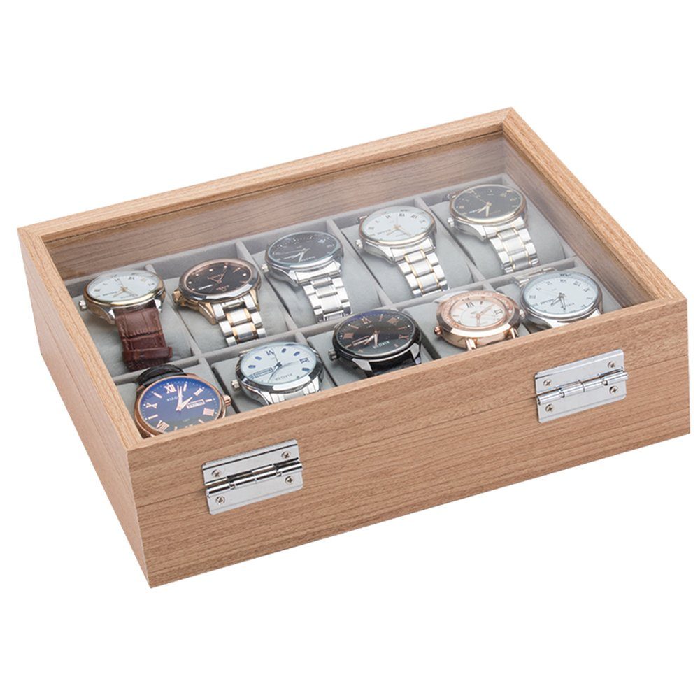für 10 Uhrenbox Uhrenpräsentation Schmuckkasten Uhrendisplay Uhrenkoffer mixed24 Uhren, Deckel Armbanduhren für Echtglas Holz Optik Uhrenlade mit