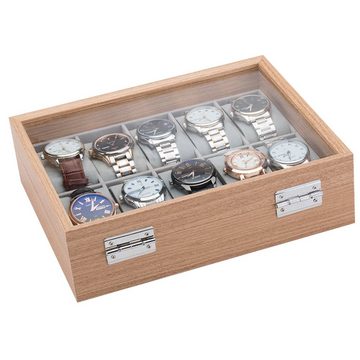 Schmuckkasten Uhrenkoffer für 10 Uhren, mit Echtglas Deckel Uhrenlade Uhrendisplay Uhrenbox Uhrenpräsentation für Armbanduhren Holz Optik