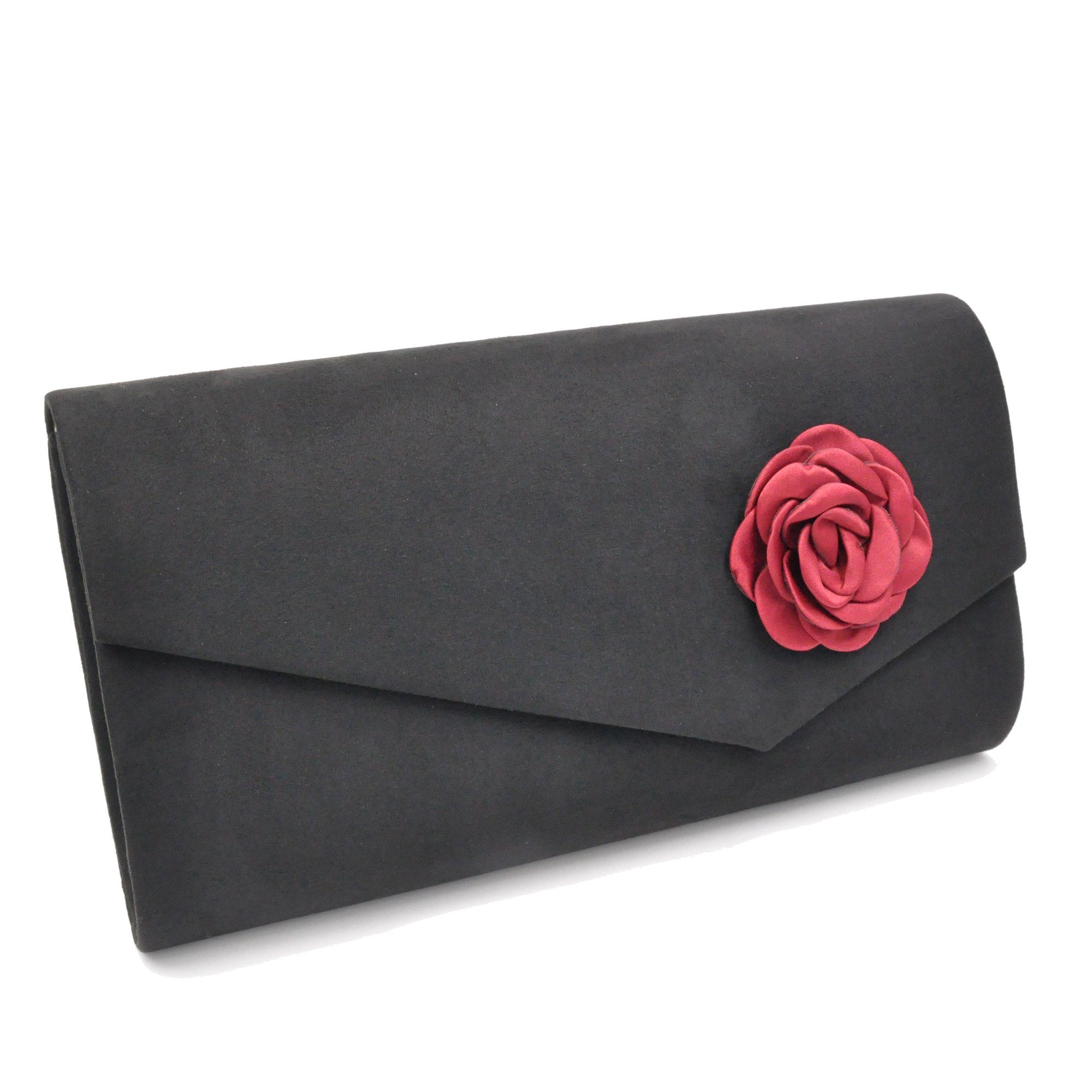 Steuer Abendtasche Satin-Optik schwarz mit roter Blüte