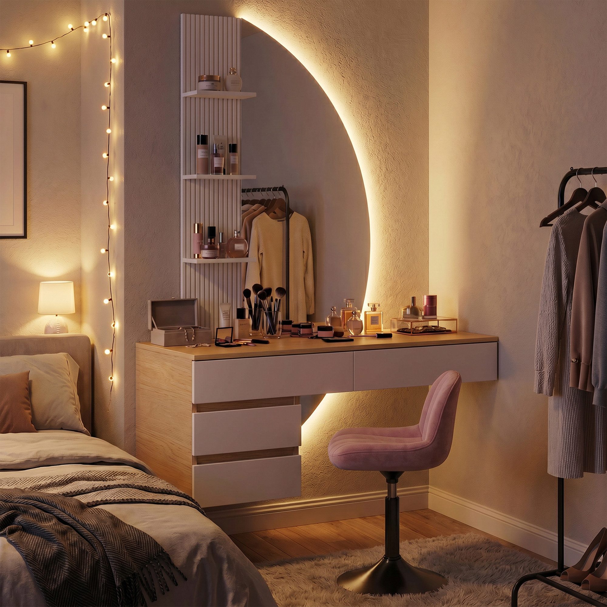 HOMALL Schminktisch Hängender Schminktisch mit drei einstellbaren Farbtemperaturen (LED-Silikon-Lichtleiste in drei Farben, Maße: 106 × 40 × 143 cm, mit 3 offen – Bild 3 von 5