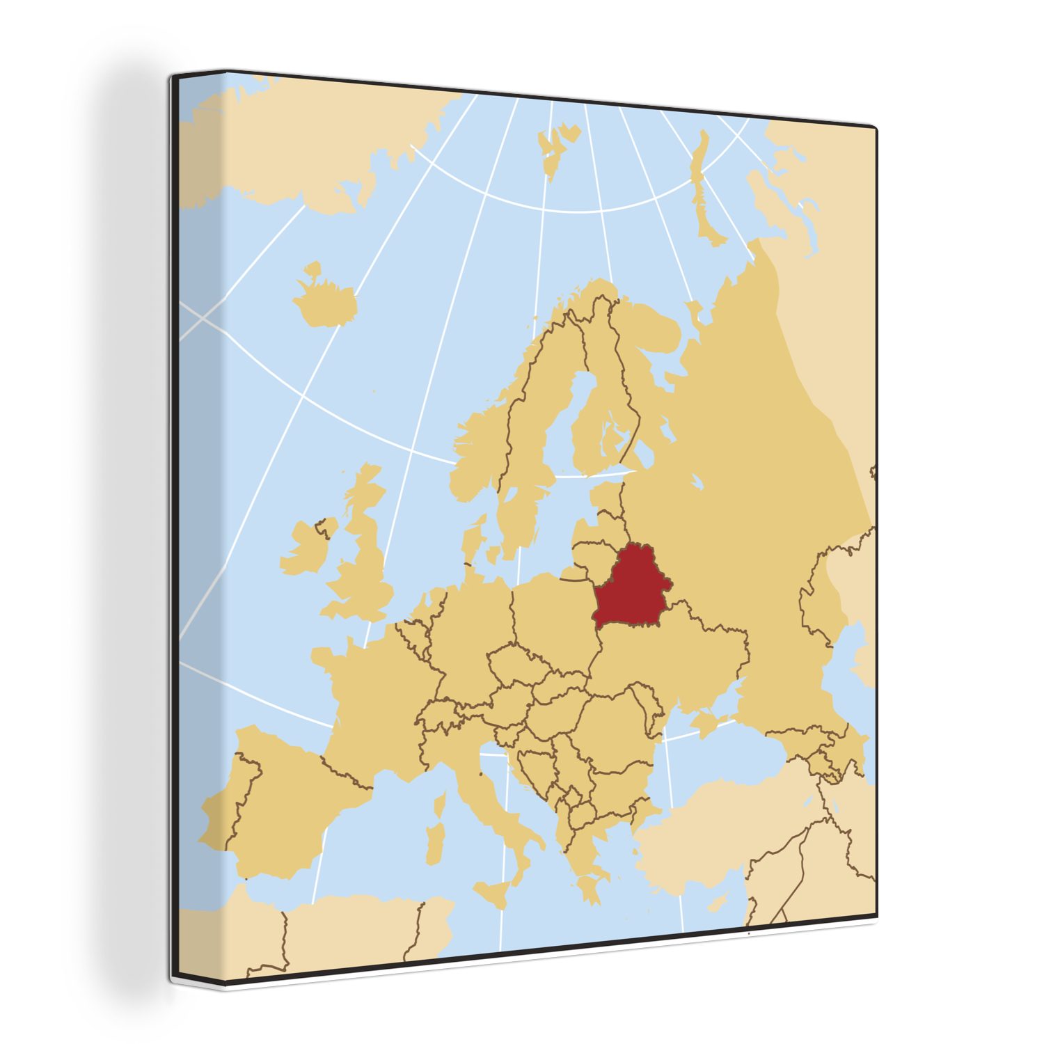 OneMillionCanvasses® Leinwandbild Illustration einer Europakarte mit Belarus in Rot, (1 St), Leinwand Bilder für Wohnzimmer Schlafzimmer