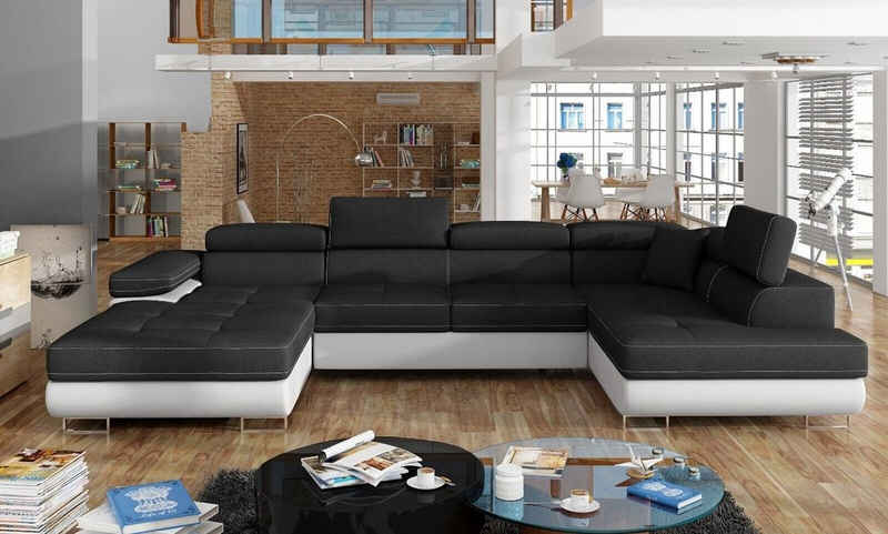 JVmoebel Ecksofa Ecksofa U-Form Couch Garnitur Wohnlandschaft Schwarz Holz Sofort, Made in Europe
