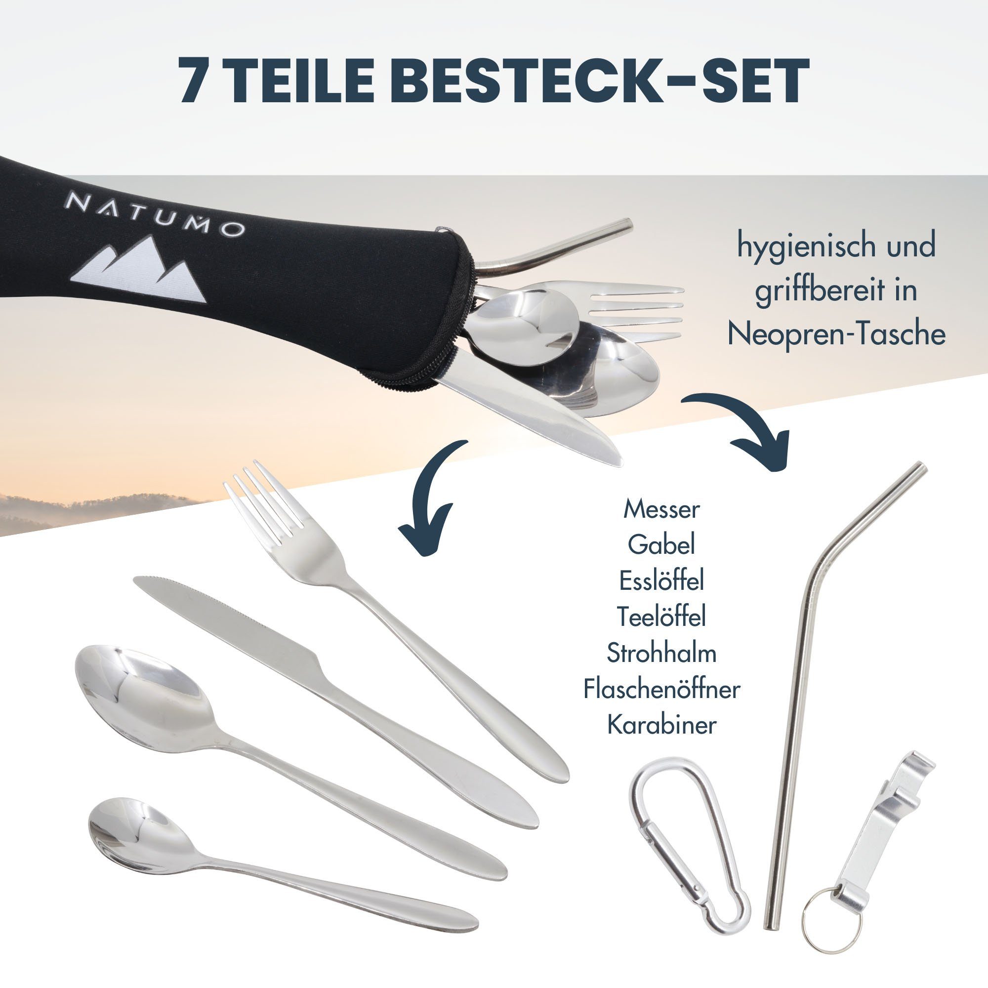 natumo Besteck-Set natumo Camping Geschirr Set 10-teilig – Edelstahl Reisebesteck (10-tlg), Edelstahl – Bild 4 von 5