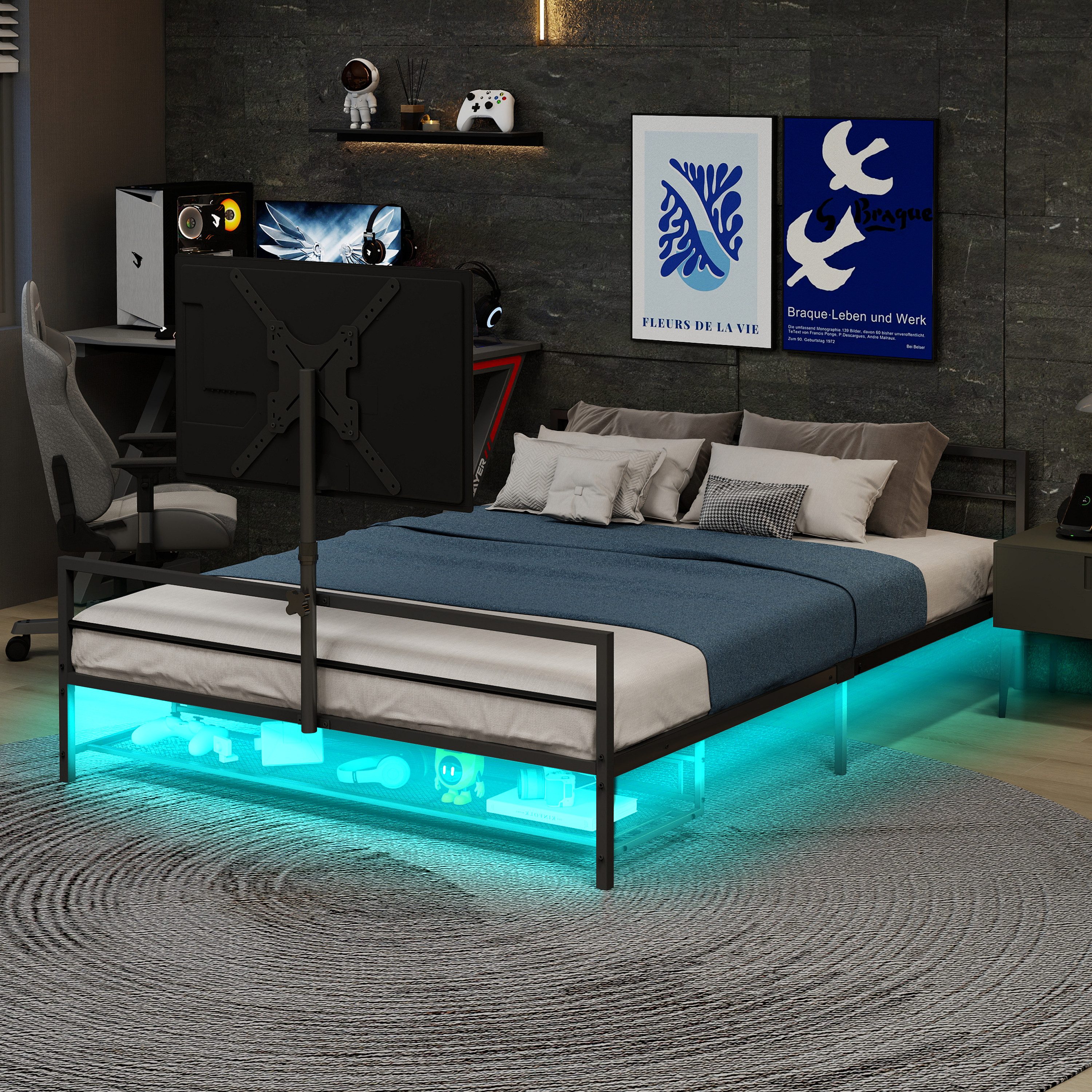 OKWISH Metallbett Eisenbett (Gaming-Bett mit LED-Beleuchtung, verstellbarer Monitorhalterung und praktischen Aufbewahrungskörben, mit stabiler Metallstruktur und 330 Pfund Tragfähigkeit), ohne Matratze