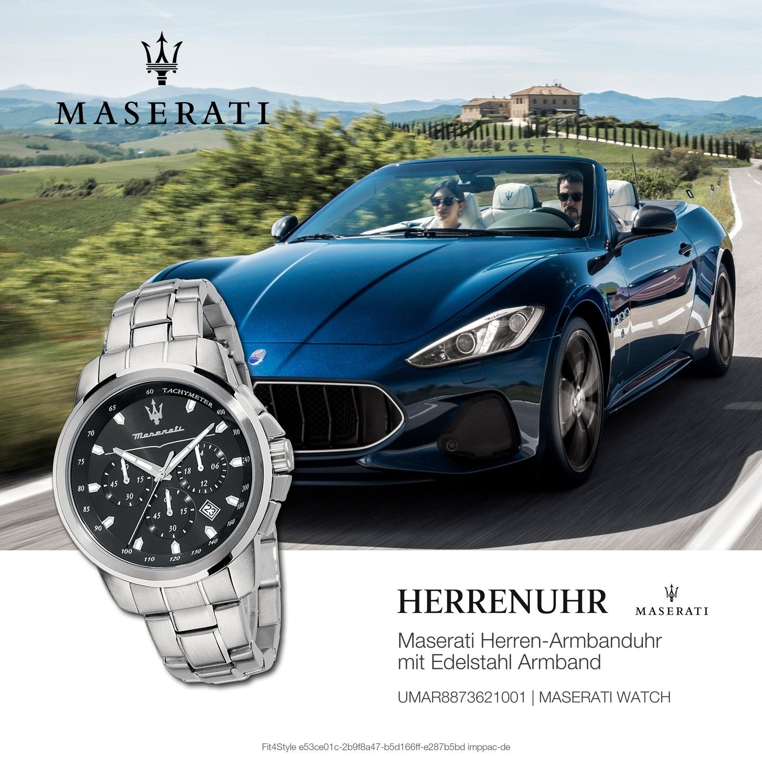 MASERATI Chronograph Maserati Herrenuhr Uhr schwarz, silber Chronograph, Made-In Italy rund, 52x44mm) Herren groß Edelstahlarmband, (ca