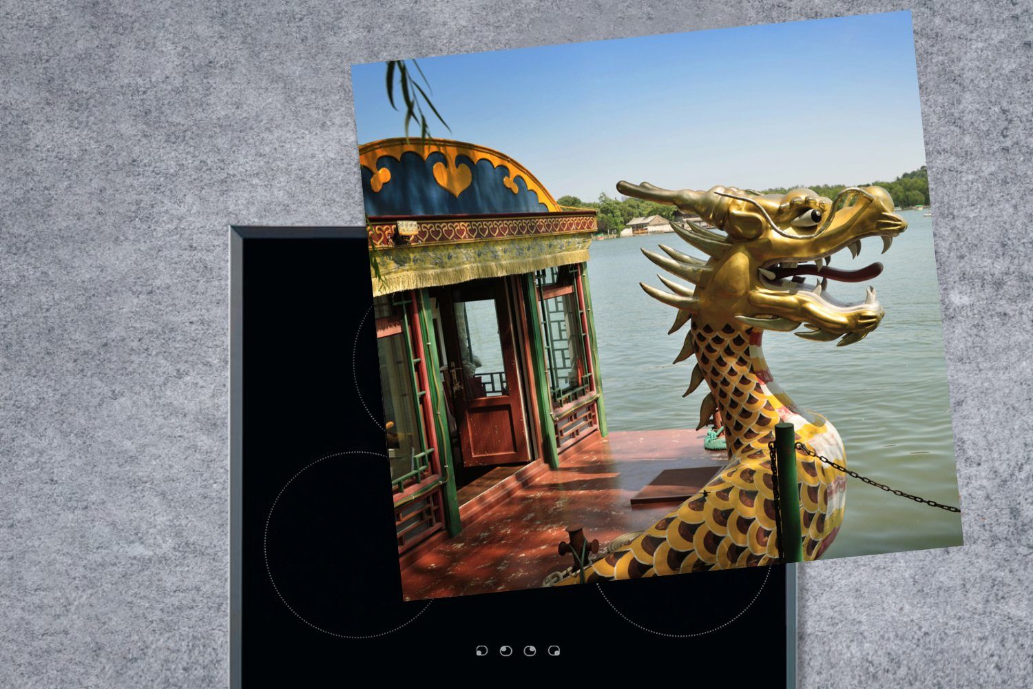 - MuchoWow cm, Drache Boot Herdblende-/Abdeckplatte 78x78 Gold - küche Vinyl, tlg), Ceranfeldabdeckung, für - Arbeitsplatte (1 Drachenboot,